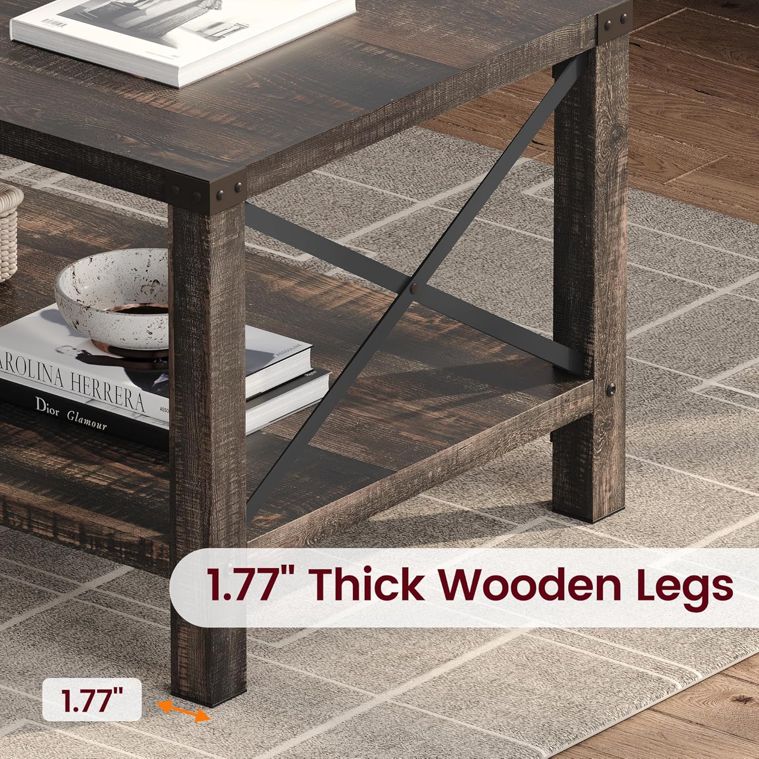 IDEALHOUSE Farmhouse Coffee Table 2-Tier Rustic Center Table Living Room Rectangle Cocktail Table Vintage Wood Look Tea Table with Shelf and X Metal Frame, Easy Assembly