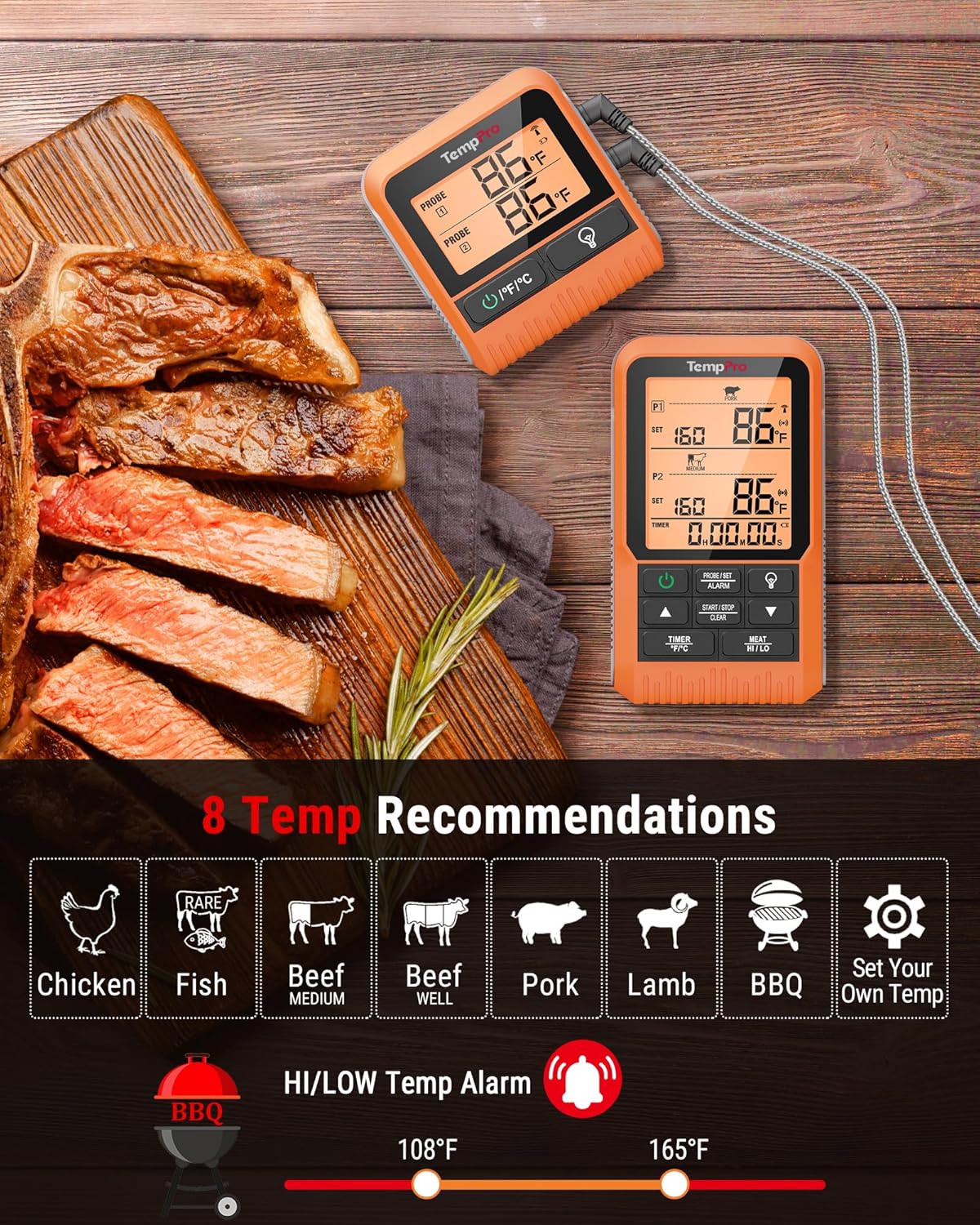TempPro TP826 500FT Wireless Meat Thermometer, Dual Meat Probe Cooking Thermometer with HI/Low Alert, Food Grill Temperautre Probe for BBQ, Smoker, Oven, Grilling Gift (Previously ThermoPro) - Image 3