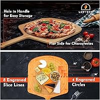 Vista 2 de Loftern Pizarra de madera de 16 pulgadas con tamaños grabados, tabla de cortar de pizza de bambú multiusos, cáscara de pizza de madera, espátula