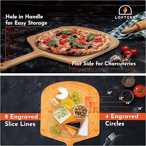 Miniatura 2 de Loftern Pizarra de madera de 16 pulgadas con tamaños grabados, tabla de cortar de pizza de bambú multiusos, cáscara de pizza de madera, espátula de