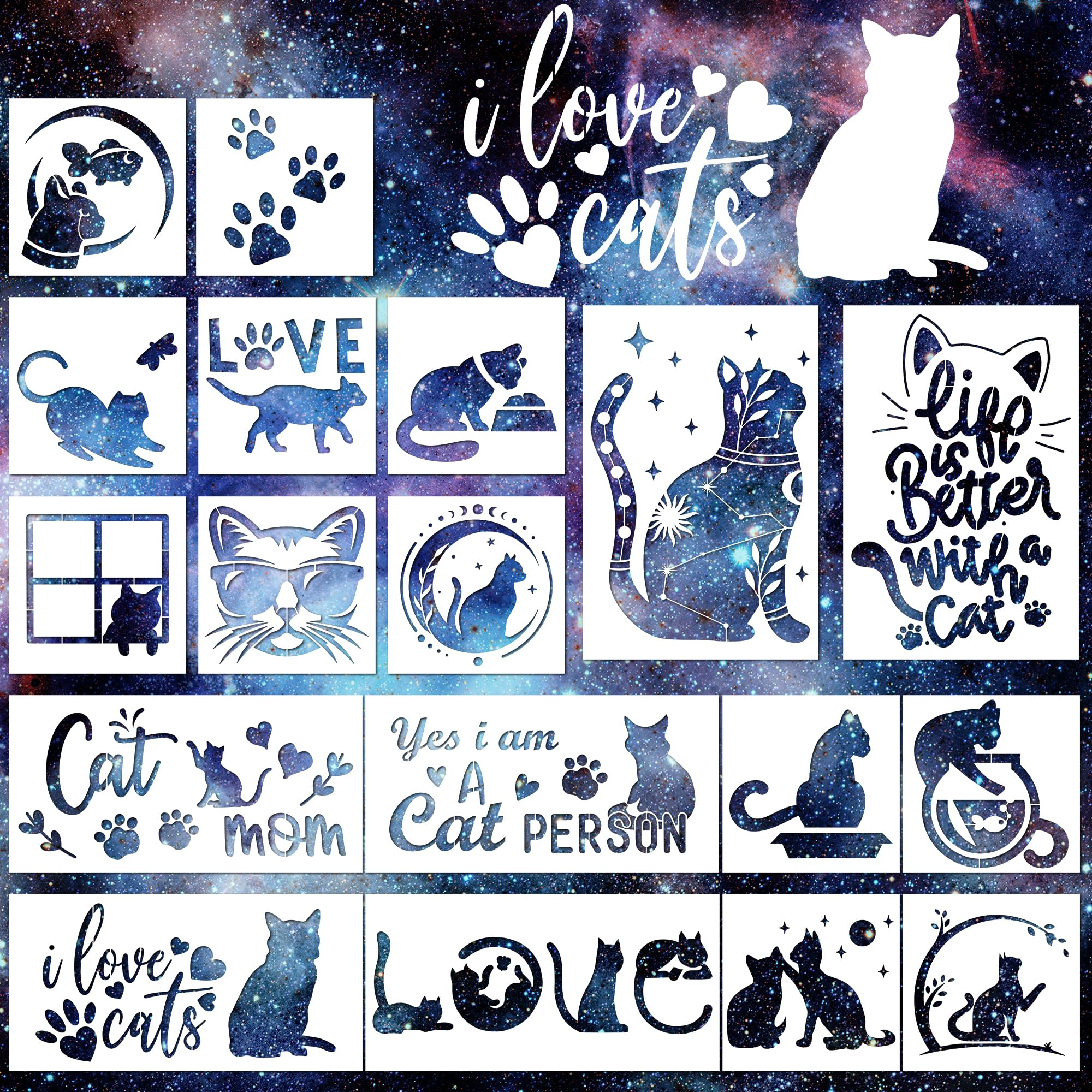 Keluna Cat Stencils - 18 Pack Reusable Plastic Drawing Templates for DIY Cat Painting Crafts on Wood, Canvas, Wall, Bag, Scrapbook & Home Decor