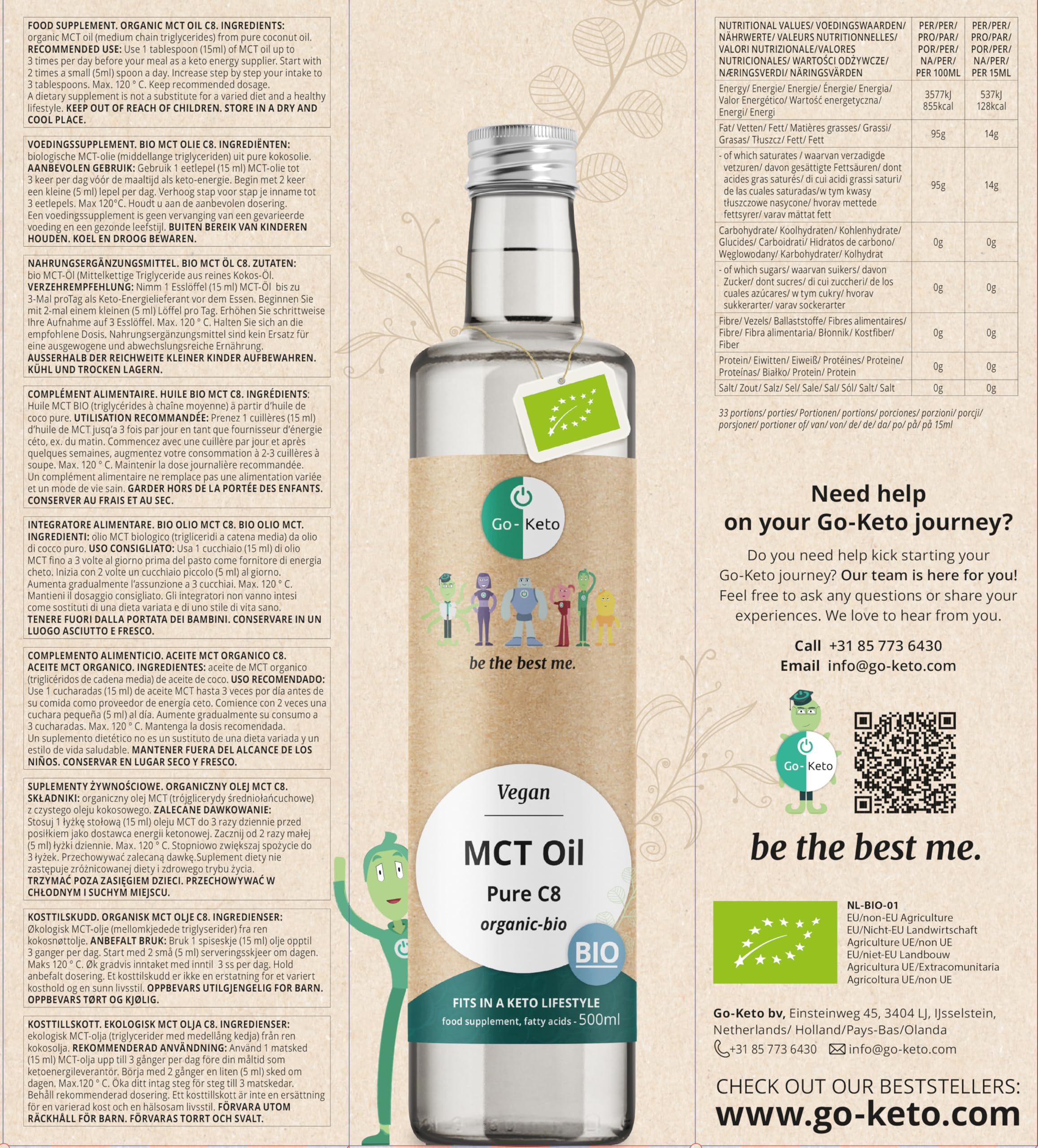 Go-Keto MCT Oil C8 BIO, 500ml - Huile MCT C8 de première qualité à base d'huile de coco BIO, parfaite pour un régime céto, idéal pour le Bulletproof Coffee ou le Keto Shake, huile TCM, Low Carb