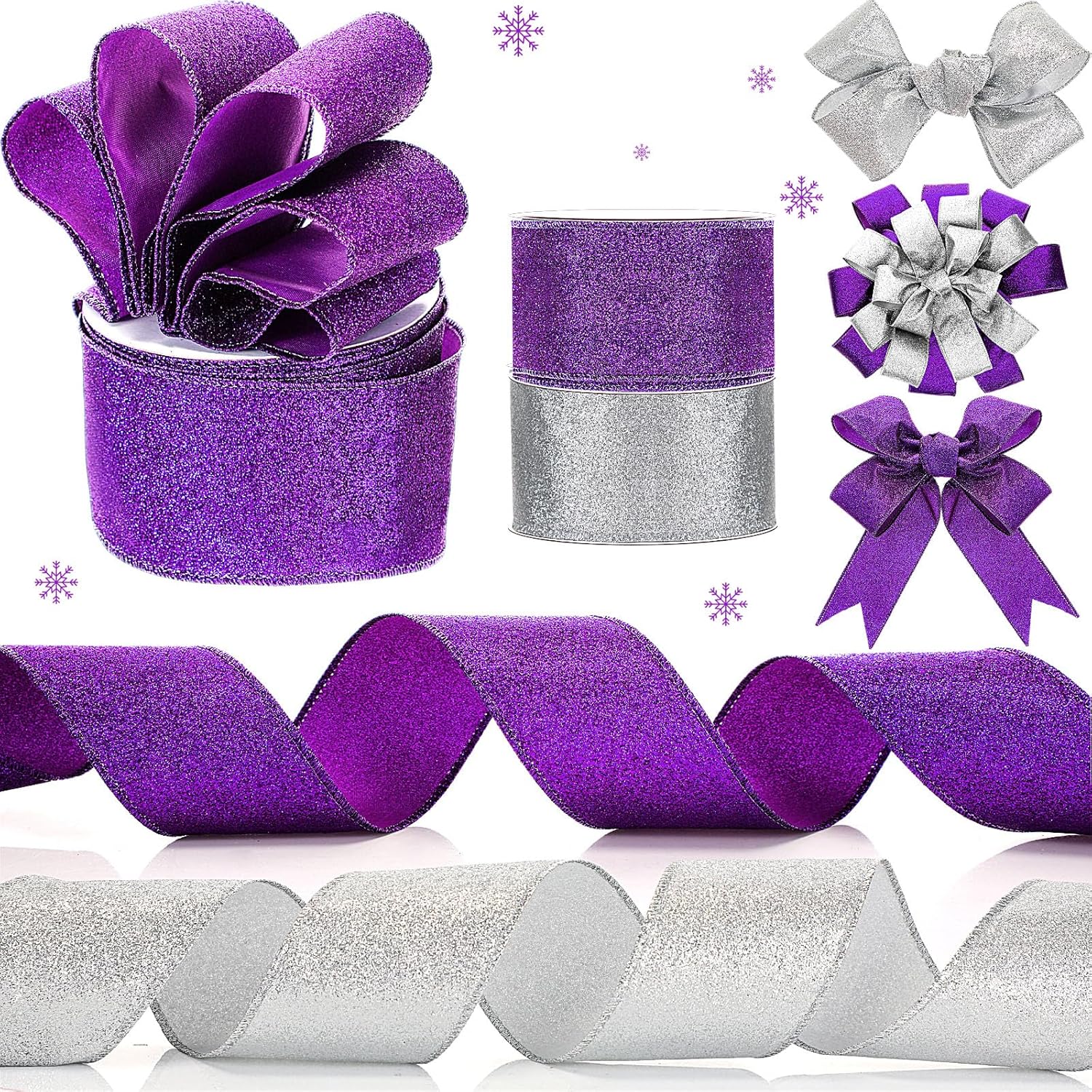 Riceshoot 2 Rolls Christmas Glitter Ribbon Purple and