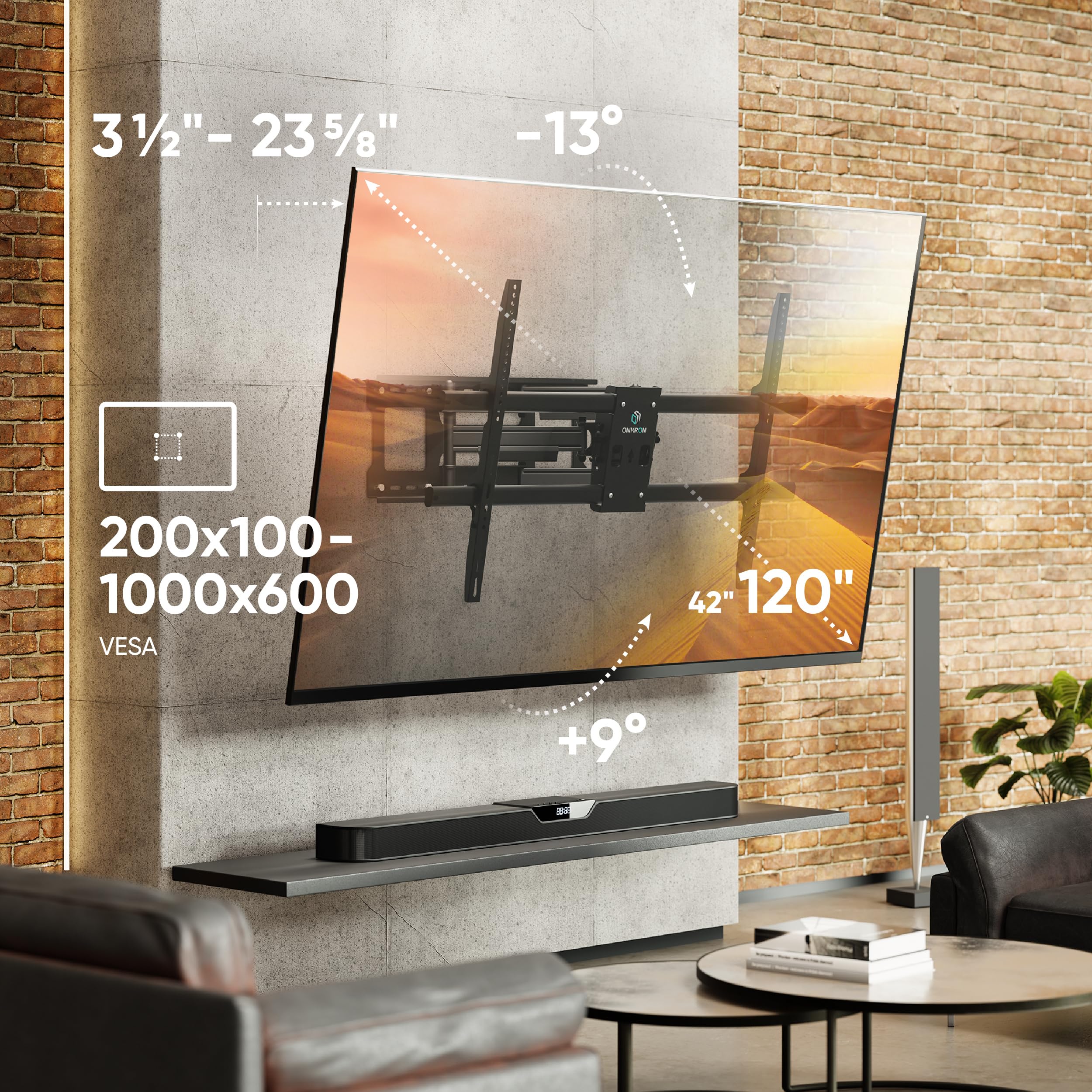 ONKRON Full Motion TV Wall Mount for 42-120 Inch TVs up to 220 lbs, Heavy Duty TV Mount with Swivel and Tilt, Extension Arm, max VESA 1000x600, Large Articulating Television Mount Bracket Black