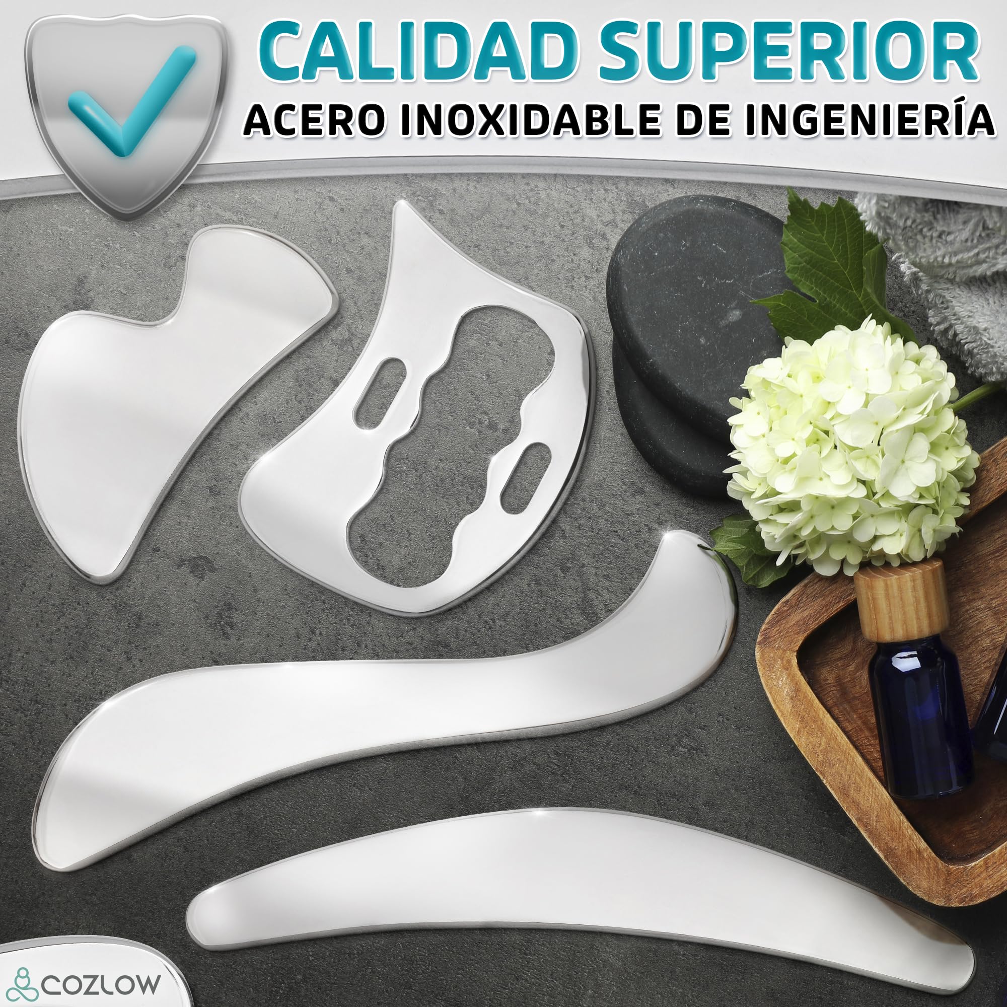 Herramienta raspadora muscular Gua Sha 4 en 1 de acero inoxidable | Las herramientas de movilización de tejidos blandos Cozlow son ultrasuaves y están pulidas para deslizarse con seguridad