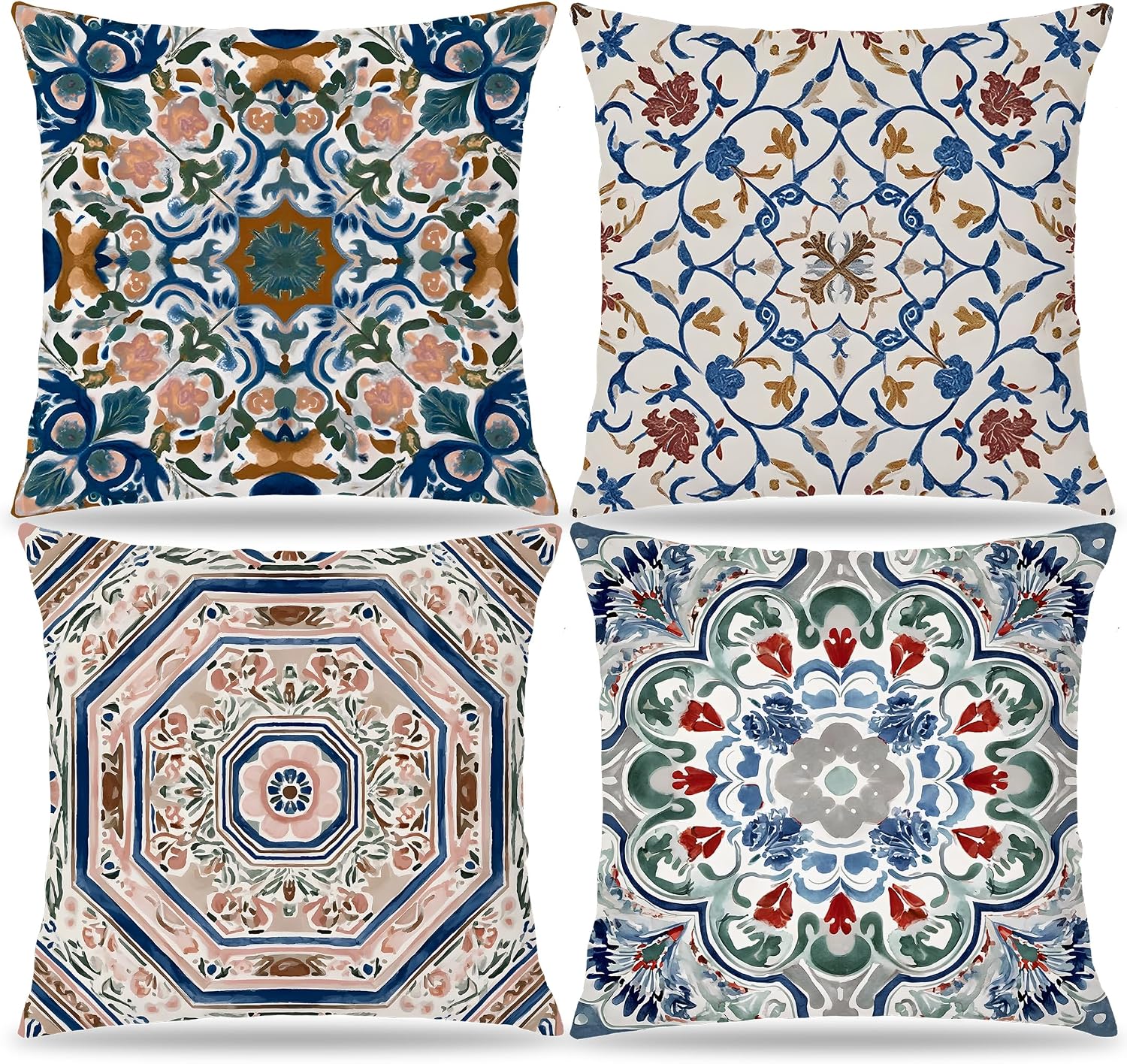 Vintage Boho Moroccan Azulejo Pillow Covers 18x18 Set of 2, Ethnic Mediterranean Tile Decorative Throw Pillow Covers for Home Bedroom Living Room