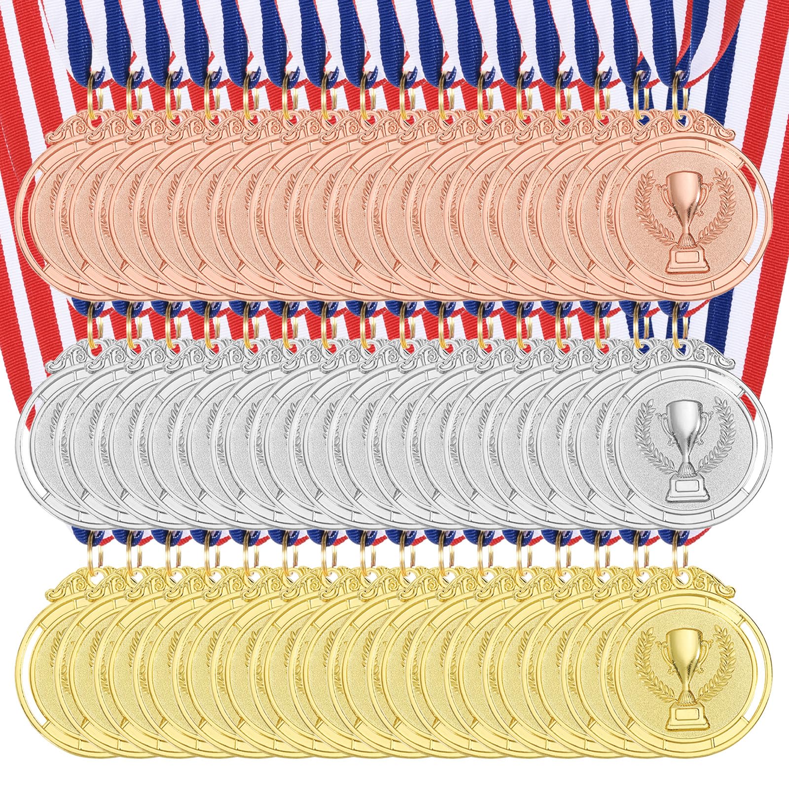 QUARKZMAN 48 Stück Gold Silber Bronze Medaillen Auszeichnung 5cm Metall | Siegermedaillen, mit Halsband, Trophäenmuster, für Sportstag Olympiade Mannschaftssportwettbewerbe Spiele Partyschmuck