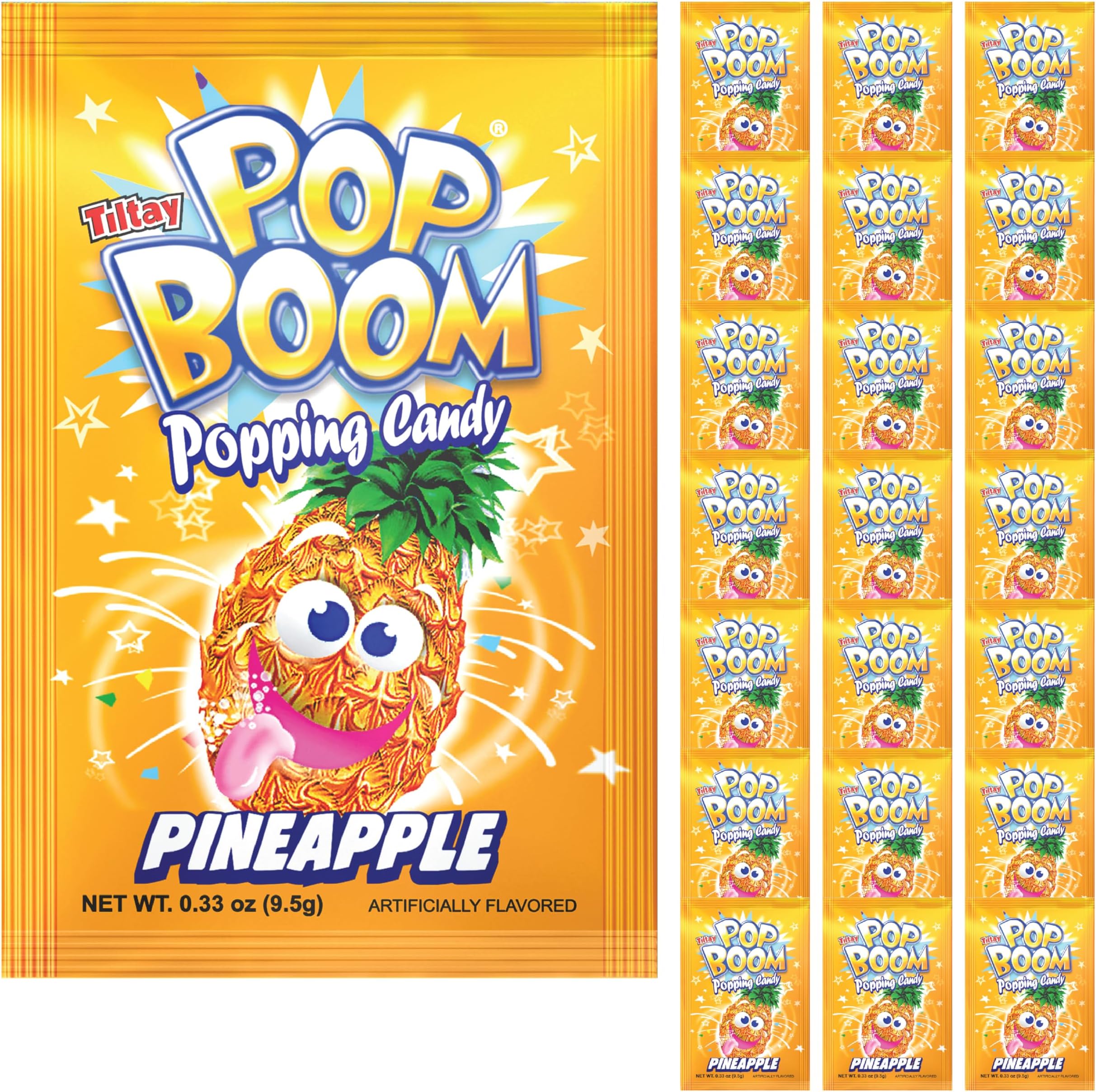 Pop Boom Popping Candy, Pineapple Flavor [24-Pack Display Box] - Lactose Free & OU Kosher