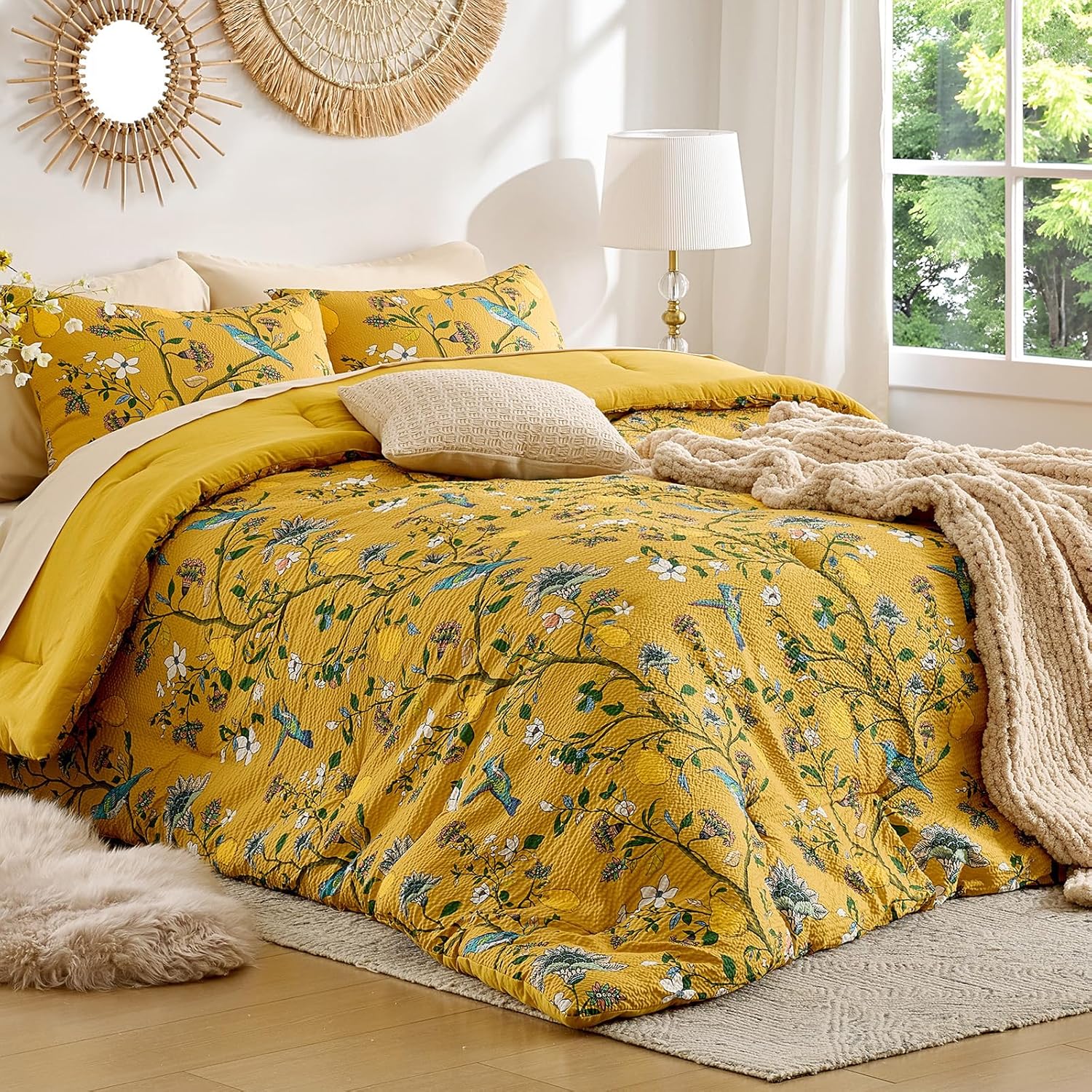 MUSSEL Yellow Bedding Queen Comforter Set 3 Pieces,Vintage Botanical Floral Pattern Bed Comforter Sets,Boho Whimsical Modern Printed Design Cute Seersucker Bedroom Comforter and Shams - Image 2