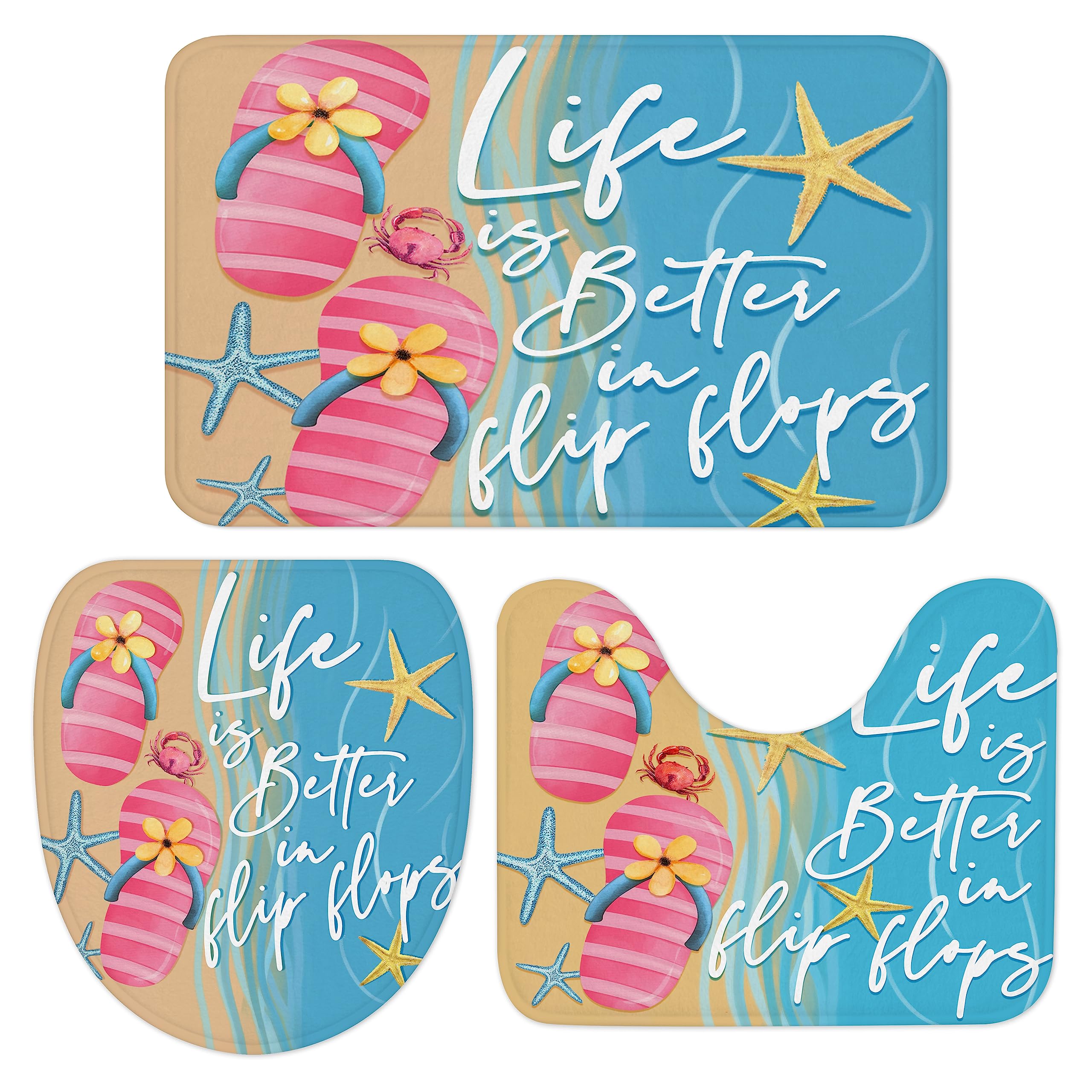 Photo 1 of Tlovudor 3Pcs Summer Beach Life Pink Slipper Bathroom Rugs Coastal Starfish Small:30"x18"+15"x18"+18"x14"