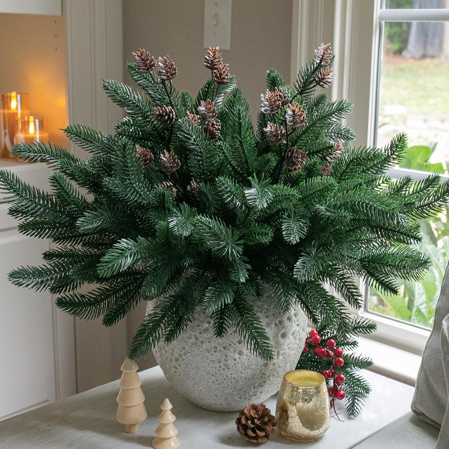 Ivydale 14Pcs Faux Pine Branches Norfolk Stem for Christmas Decoration, Artificial Greenery Plants Pine Needles with Pinecones for Table DIY Home Winter Indoor Vase Real Touch Christmas Decorations Pinebranch+lone Branch Pinecone