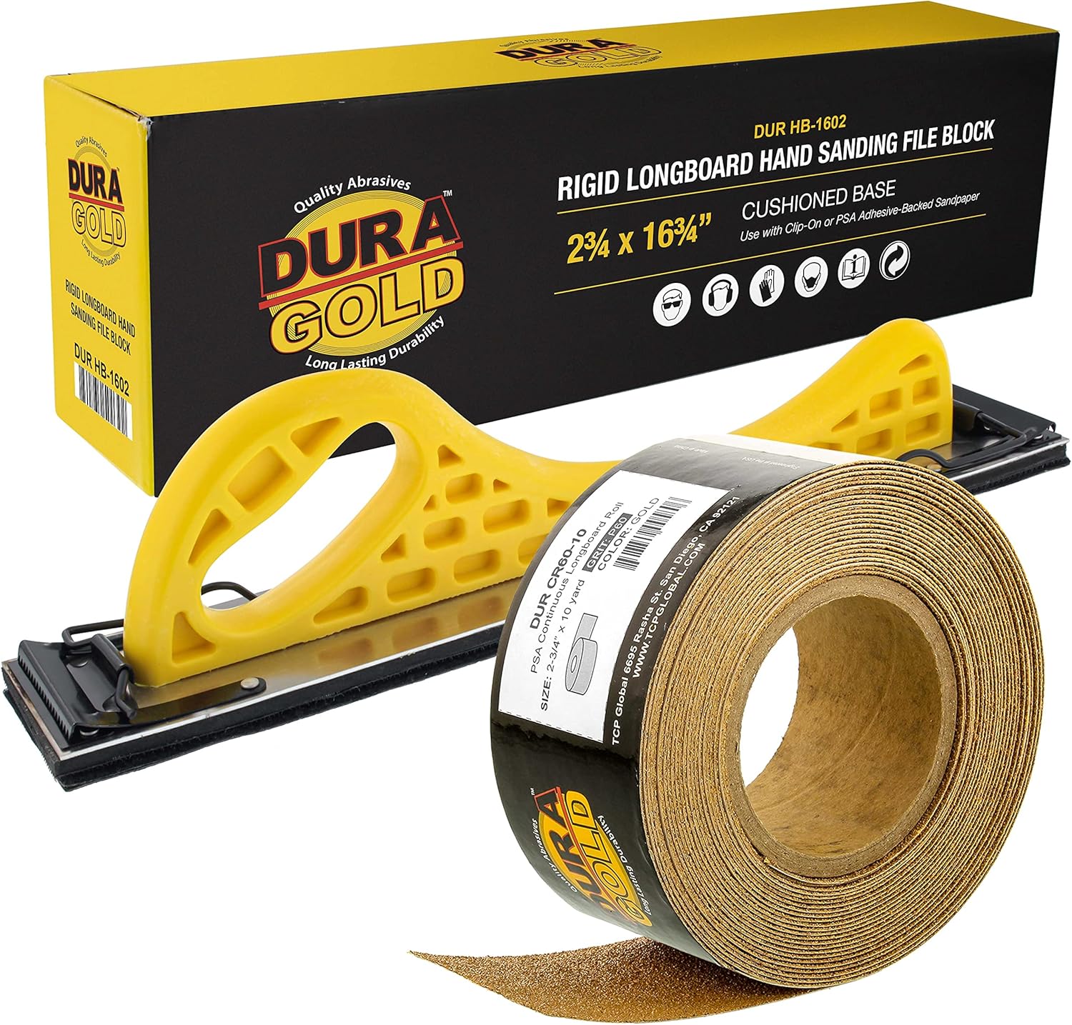Dura-Gold Pro Series Longboard Hand Sanding File Sander Block - Hook & Loop Backing and PSA Backing Adapter Pad & 60 Grit PSA Longboard Sandpaper 20 Yard Roll, 2-3/4" Wide