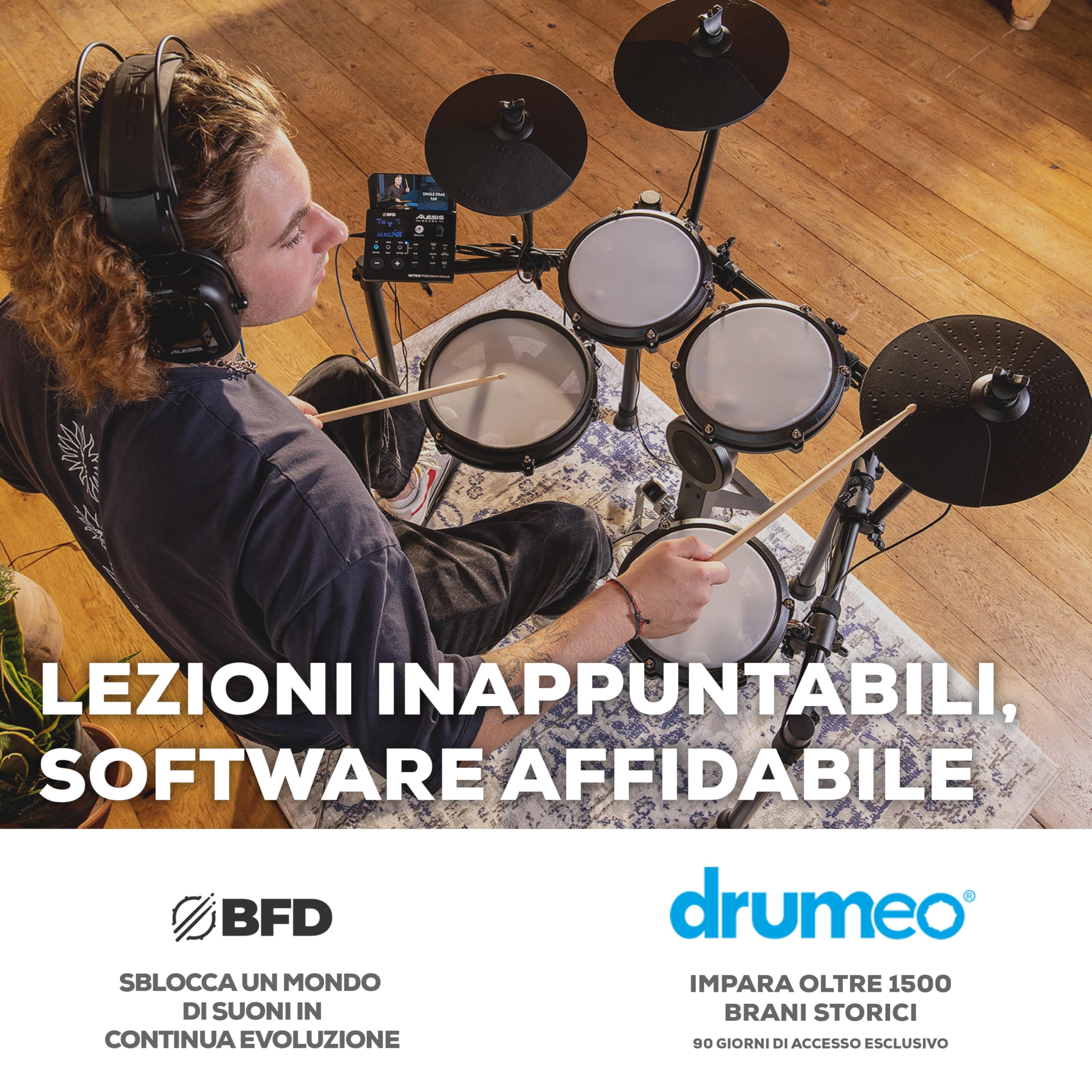 Alesis Nitro Max Kit Batteria Elettronica Mesh Silenziose Dual-Zone 10" Bluetooth 440+ Suoni BFD Drumeo USB MIDI Pedale Cassa