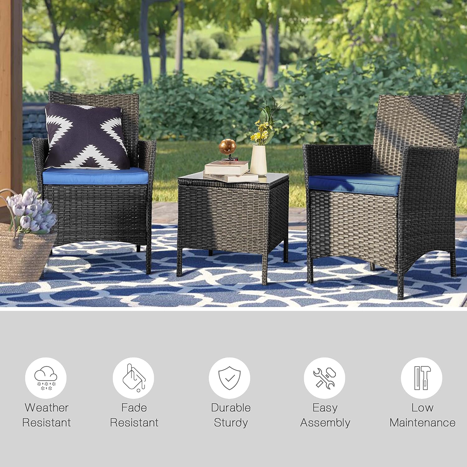 Icons representing weather resistance, fade resistance, durability, easy assembly, and low maintenance