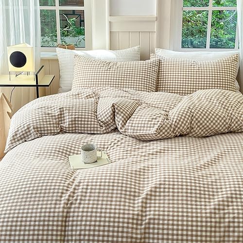Miniatura 52 de Juego de funda de edredón de algodón a cuadros tamaño matrimonial, juego de ropa de cama a cuadros de estilo moderno de 3 piezas para hombres