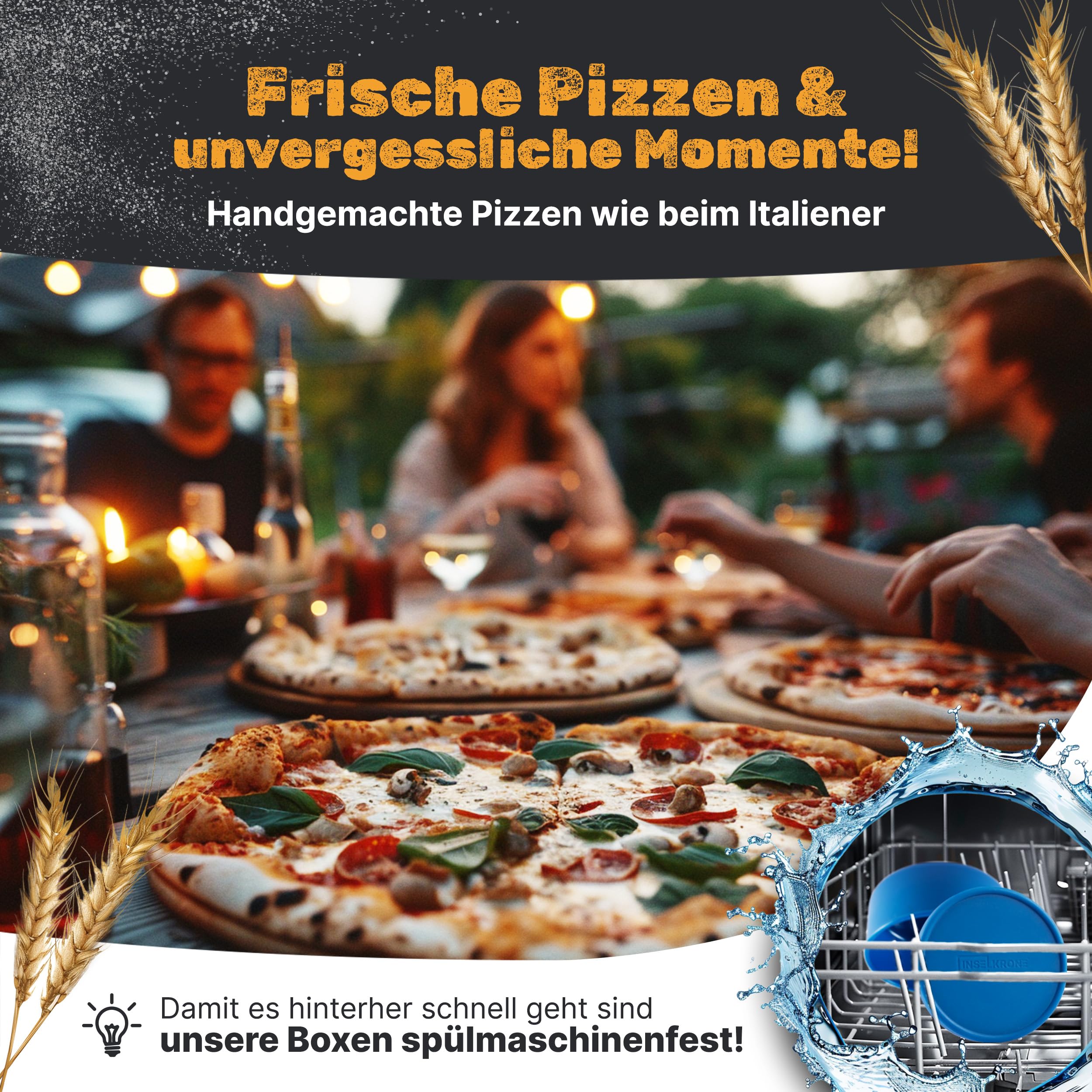 Scatola per pizza con coperchio, set da 4 pezzi, in silicone flessibile, fino a 350 g, con coperchio, traspirante, per pizza, per la fermentazione, colore blu, diametro 14 cm