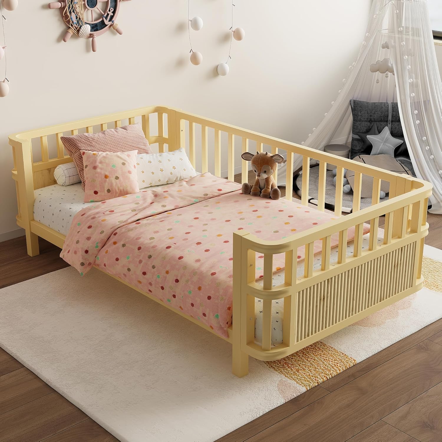 Bellemave Heavy Duty Metal Twin Size Montessori Bed with Fence and Slats, Twin Size Low Platform Bed Frame with Detachable Side Bed Rails and Rounded Corner Design, Natural
