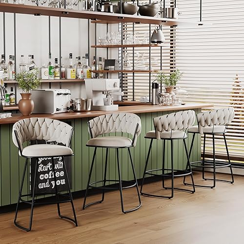 Miniatura 7 de Yongchuang Juego de 2 taburetes de bar de terciopelo, taburetes de bar modernos de 24 pulgadas con respaldo tejido, taburetes de bar de altura de