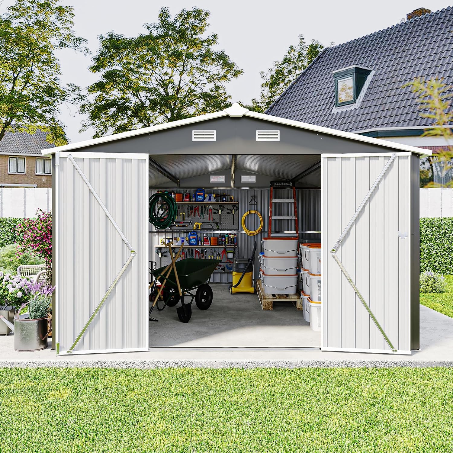 Open storage shed with various tools and equipment inside, demonstrating spacious storage.