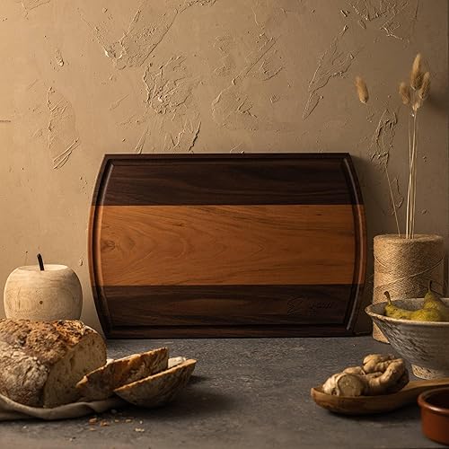 Miniatura 7 de Tabla de cortar de madera de cerezo y nogal arqueada con ranura para jugos, tablas de cortar reversibles duraderas para carne cruda, queso y