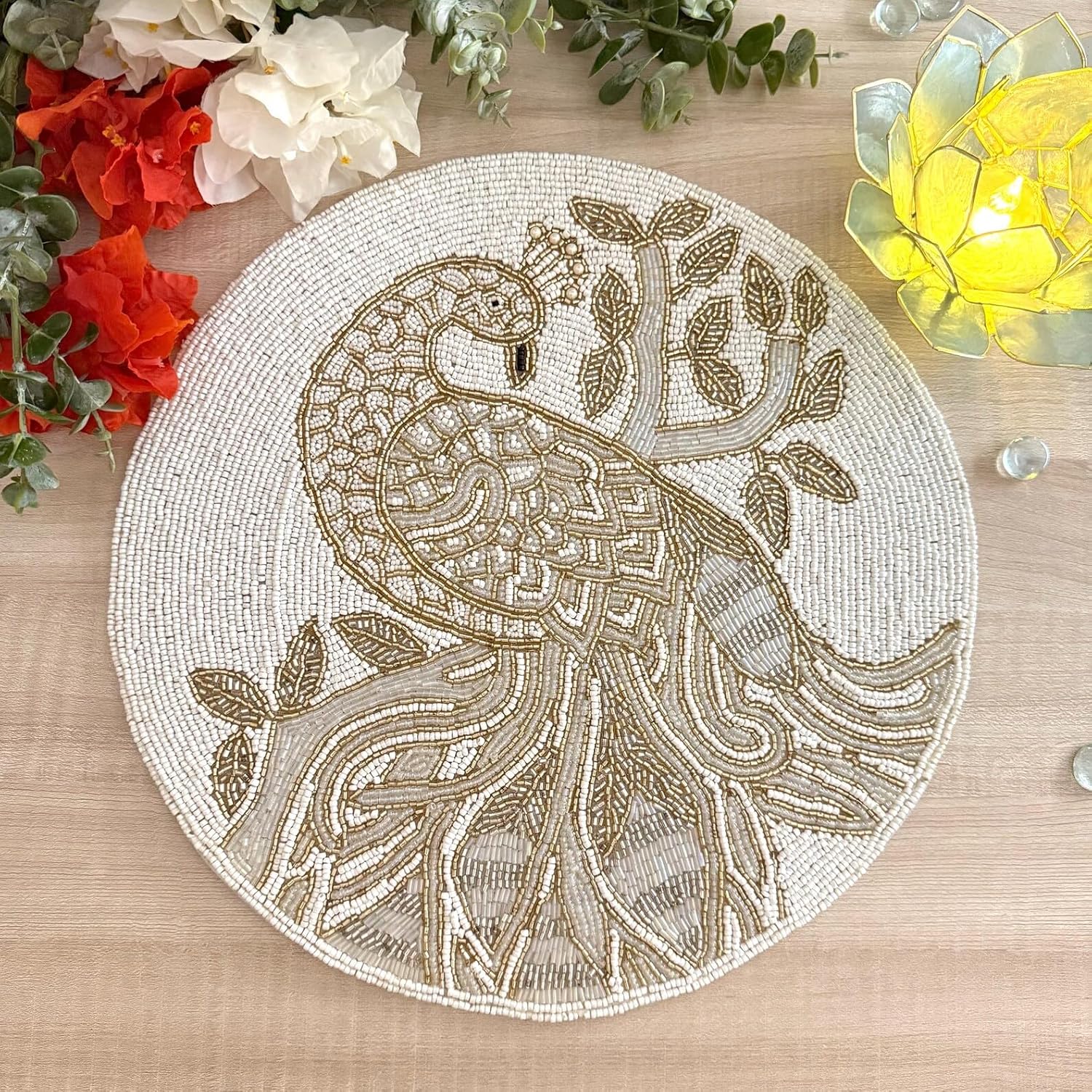 Set of 6 Handmade Beaded placemat, Peacock, tablemat, 14 inch, Charger Plate
