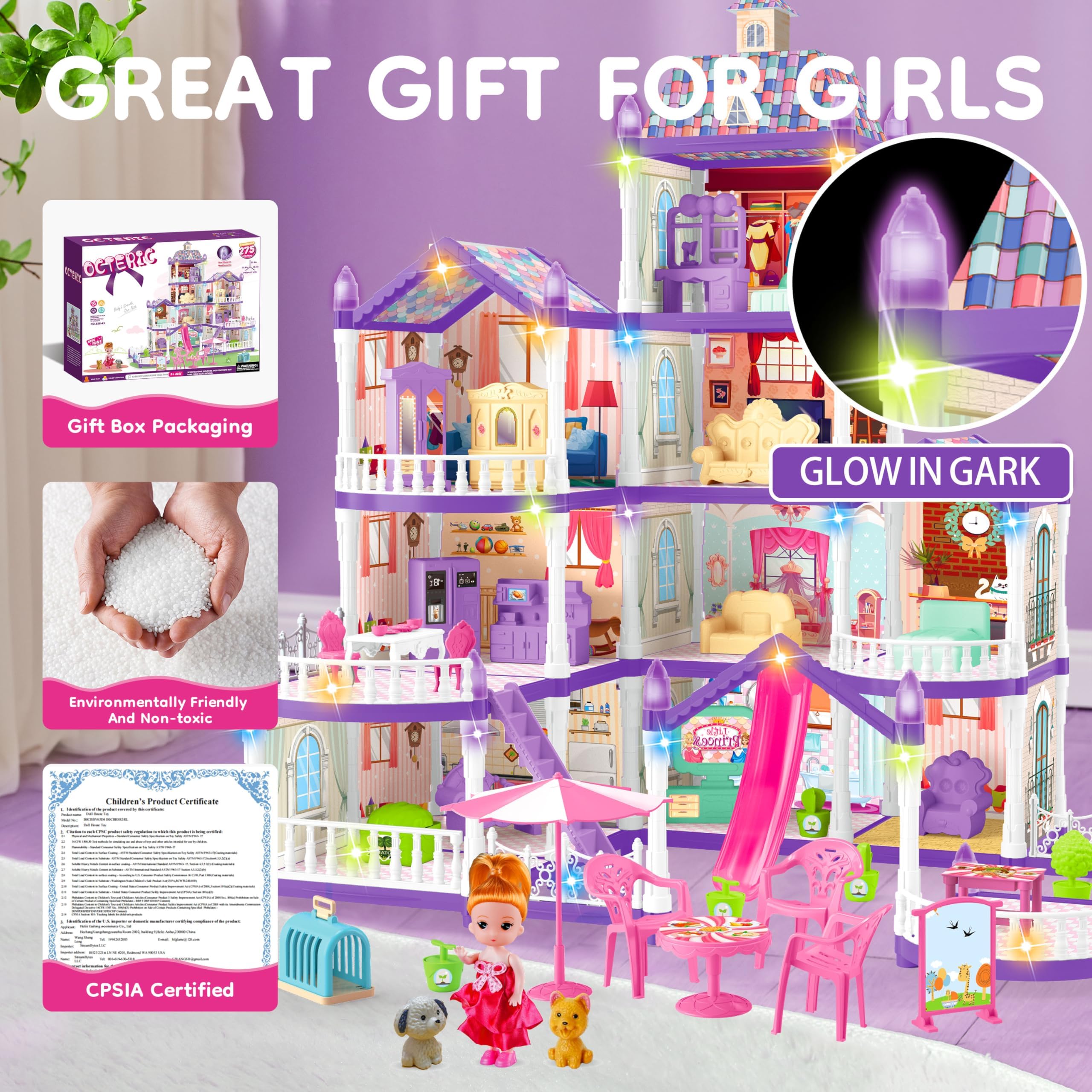 OCTERIC Doll House for Girls ,10 Rooms Purple Doll House with Dolls Figure, Puppies ,Furnitures, Accessories, LED Light, Toddler Playhouse Gift for for 3 4 5 6 7 8 9 10 Year Old Girls Toys