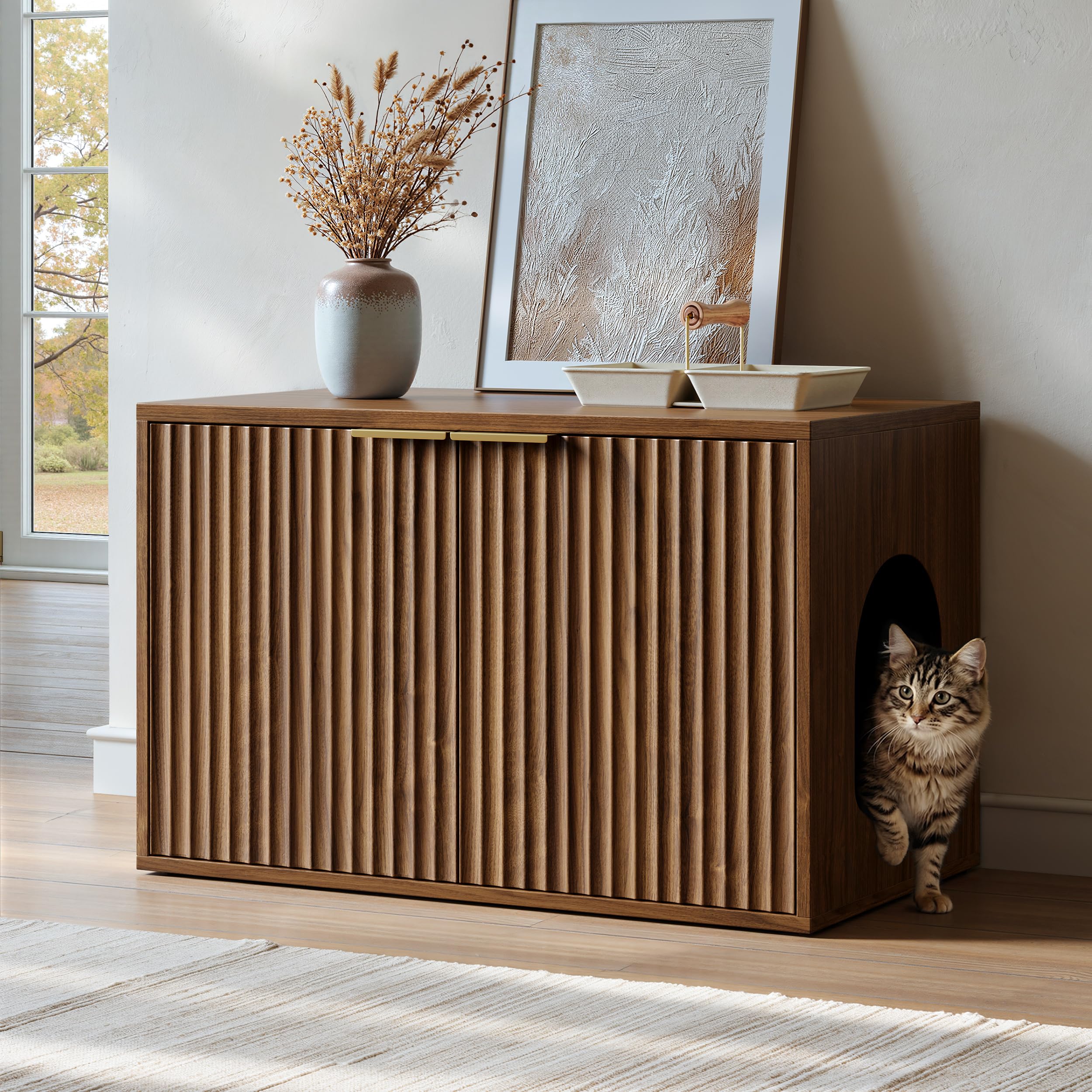 Evermagin walnut litter box enclosure cabinet with side entry and double doors