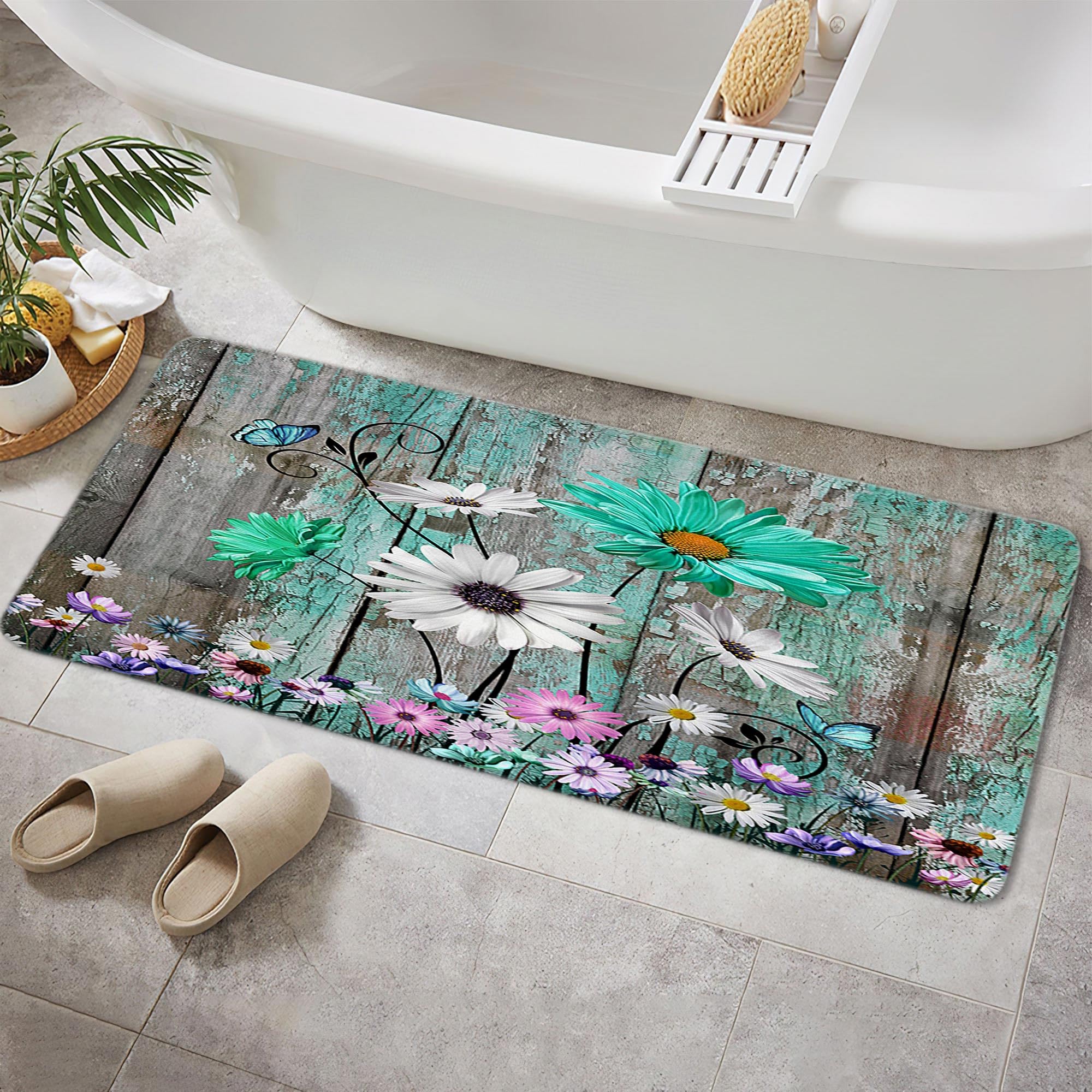 Rustic Farmhouse Bath Rug, Farm Teal Daisy Floral Bathroom Rugs Flowers and Butterfly on Country Wooden Bath Mat Turquoise Blue Kitchen Rug Floor Mat