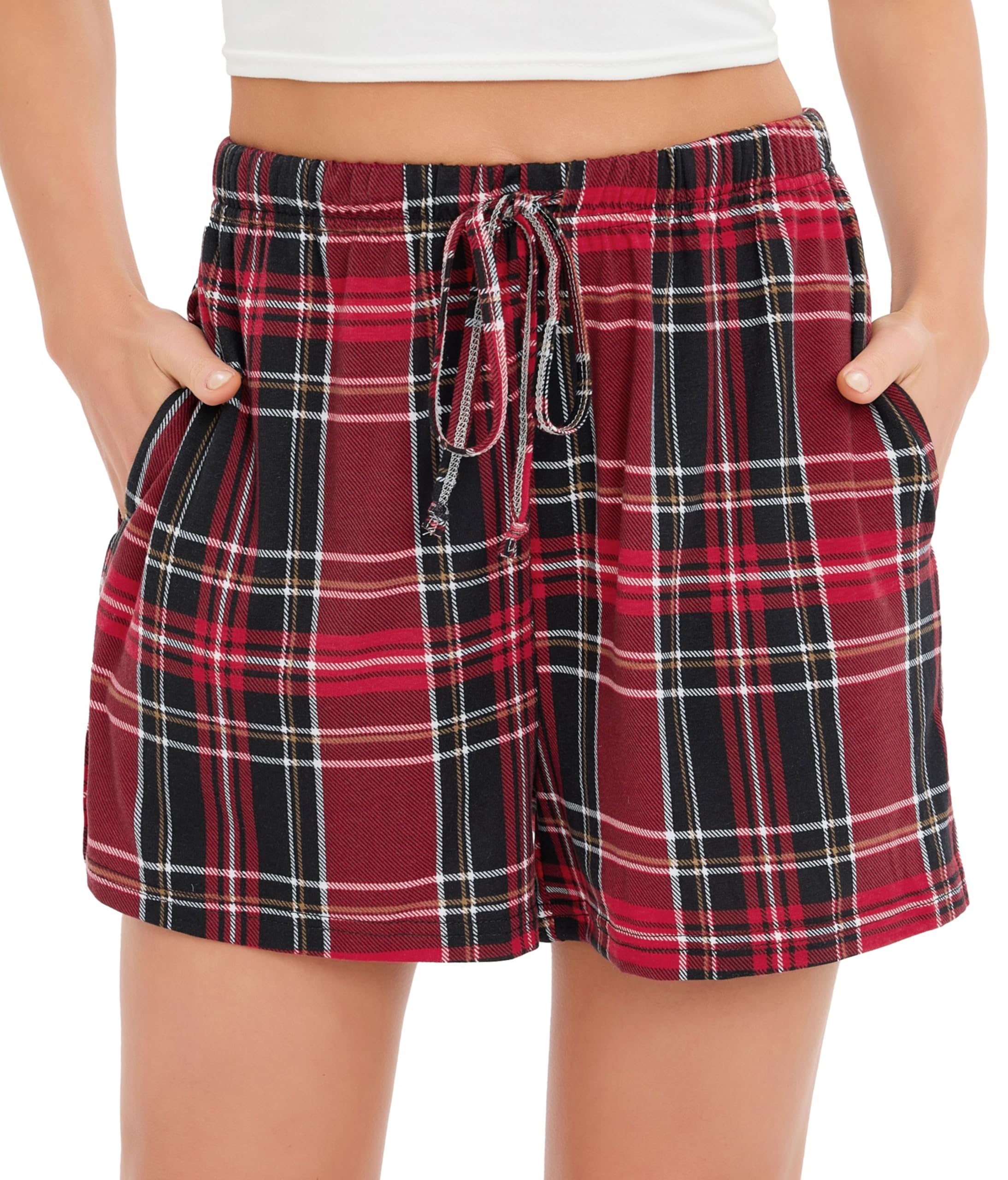 Lovasy Kurze Schlafhose Damen Karierte Schlafshorts mit Taschen und Kordelzug Schlafanzughosen für Damen Sommer Kurzer Pyjamahose