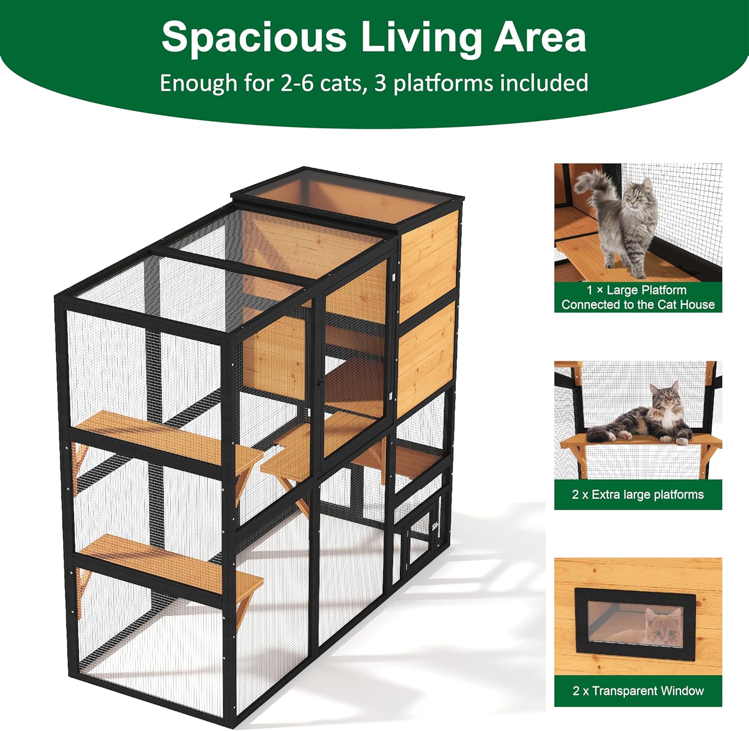 Catio Outdoor Cat Enclosure, Large 4 Tiers Cat Catio Connect to Window for Outdoor Indoor Cats with Weatherproof Roof, Resting Rooms, Platforms, Large Door, 76" L x 32.9" W x 70.8" H, Black