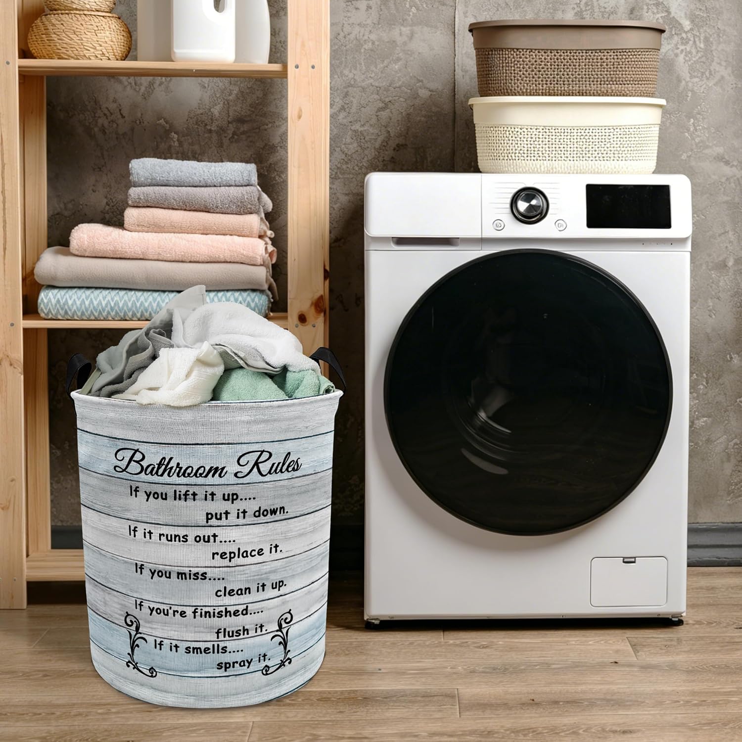 Rustic Bathroom Rules Laundry Basket with Handles, Funny Hygiene Reminder Farmhouse Collapsible Waterproof Laundry Hamper Clothes Storage Basket for Home Bathroom Washroom