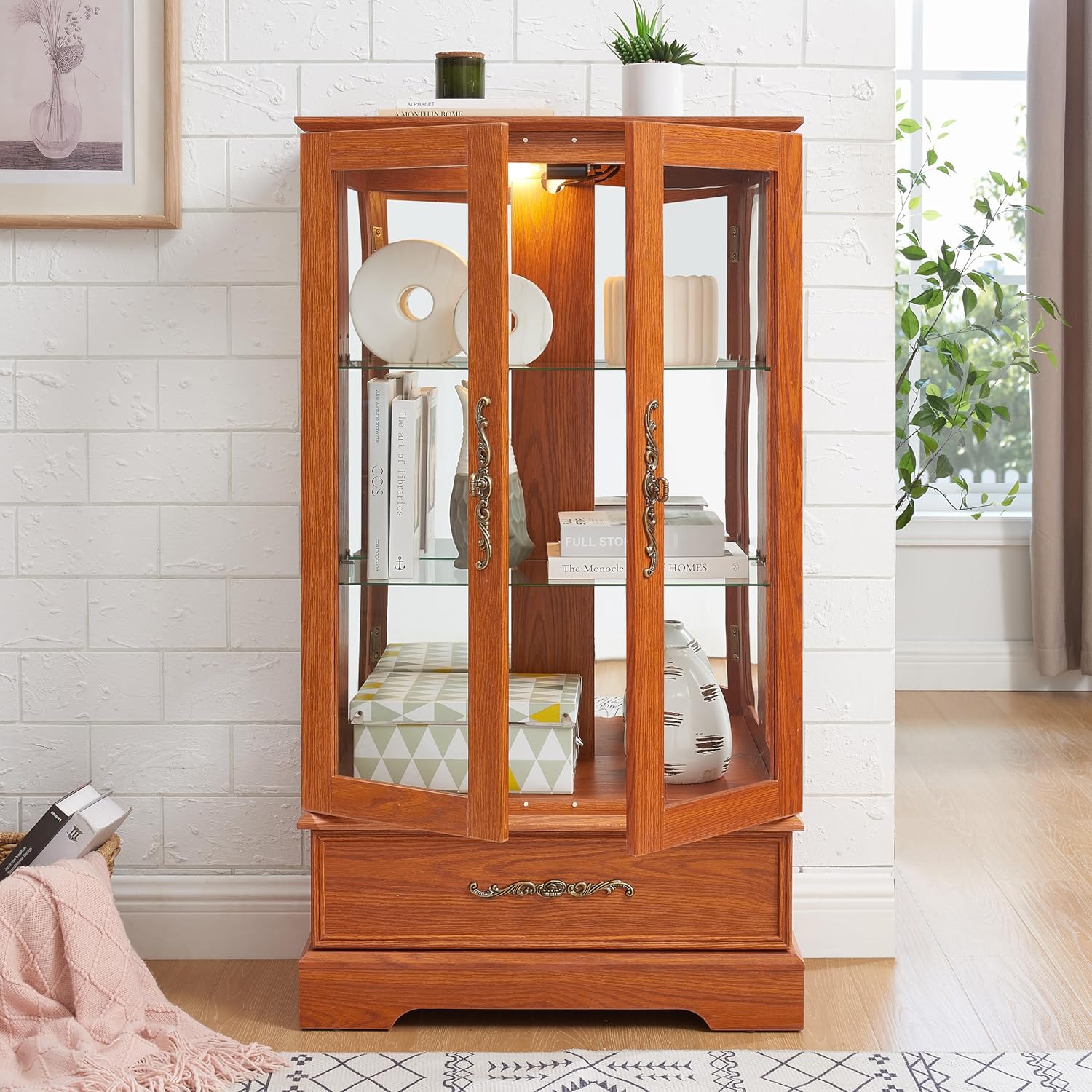 Lighted Glass Cabinet Curio Display Cabinet with Adjustable Tempered Glass Shelves, 2 Doors, 1 Drawer, Vintage Dark Oak Finish, Mirrored Back, Bulb Included, Anti-Tip Strap