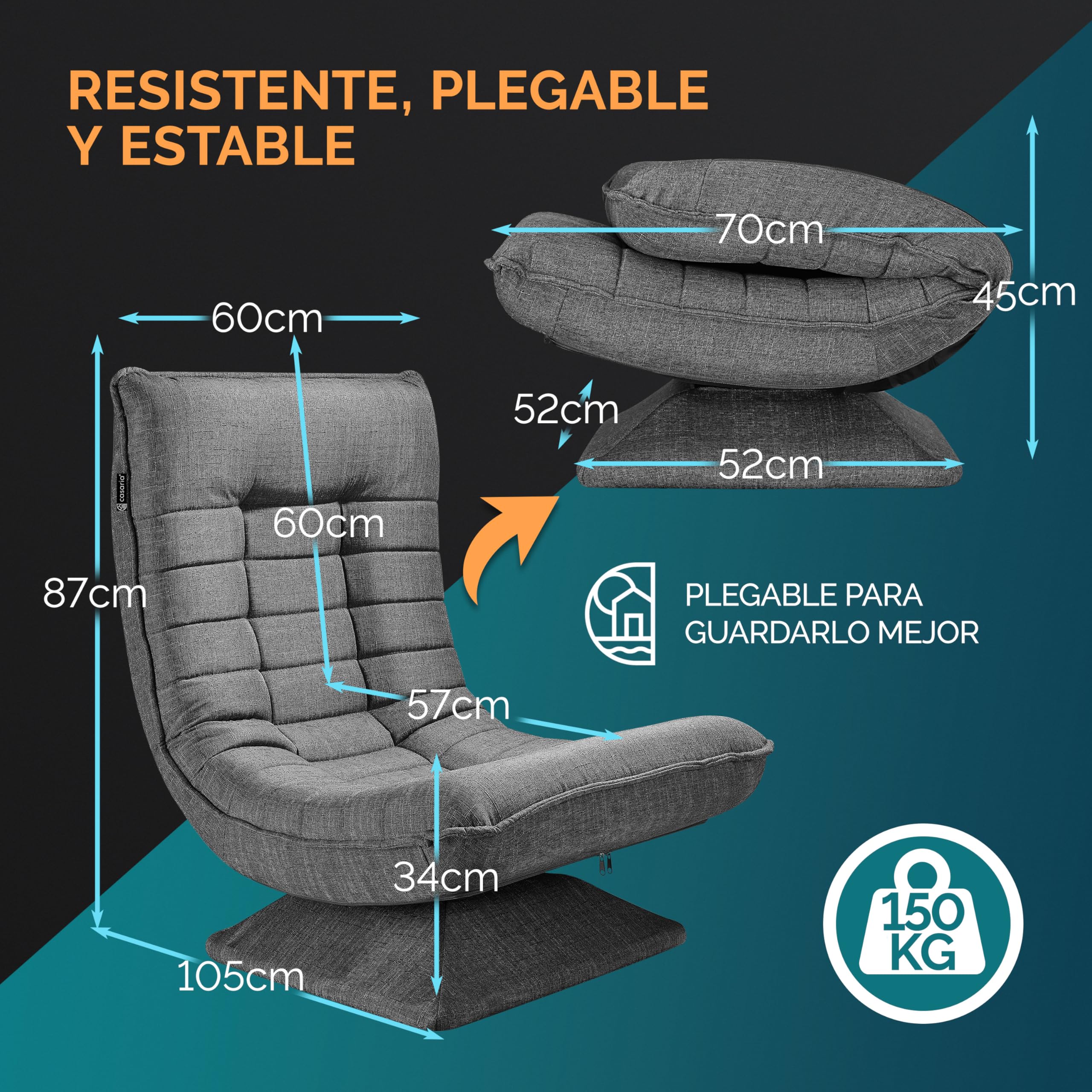 CASARIA® Sillón Relax Respaldo Ajustable 5 Posiciones Ergonómico Giratorio 360° Manual Carga 150kg Silla de Suelo Plegable Tapizado Gris 60x105x87cm
