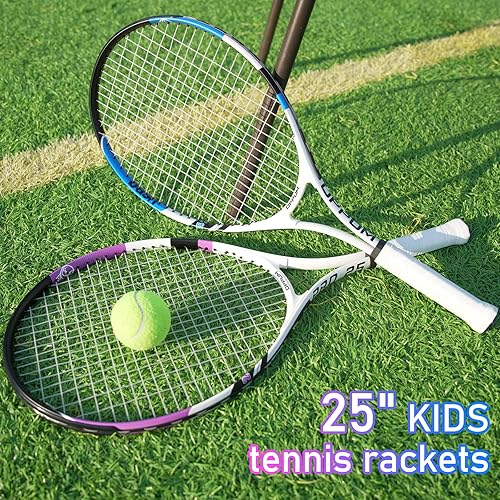 Miniatura 5 de Raqueta de tenis para niños (paquete de 2), tamaños de 16 a 25 pulgadas. Diseñada para niños de 2 a 14 años. Equipo asequible y duradero para
