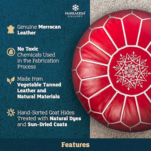 Miniatura 86 de Marrakesh Gallery - Funda de puf marroquí, otomana redonda y grande de piel, decoración bohemia para sala de estar, reposapies, sin relleno Marrón