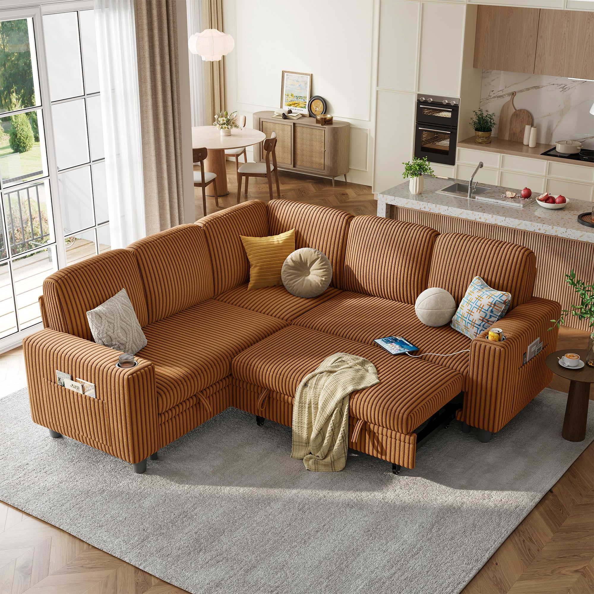Photo 1 of ***SOLD FOR PARTS***LINSY HOME Sectional Sleeper Sofa with Pull Out Couch Bed - Convertible Plush Corduroy Cloud Couch with Storage Chaise & USB Charging, Comfy L Shaped Modular Couches for Living Room Apartment, Brown