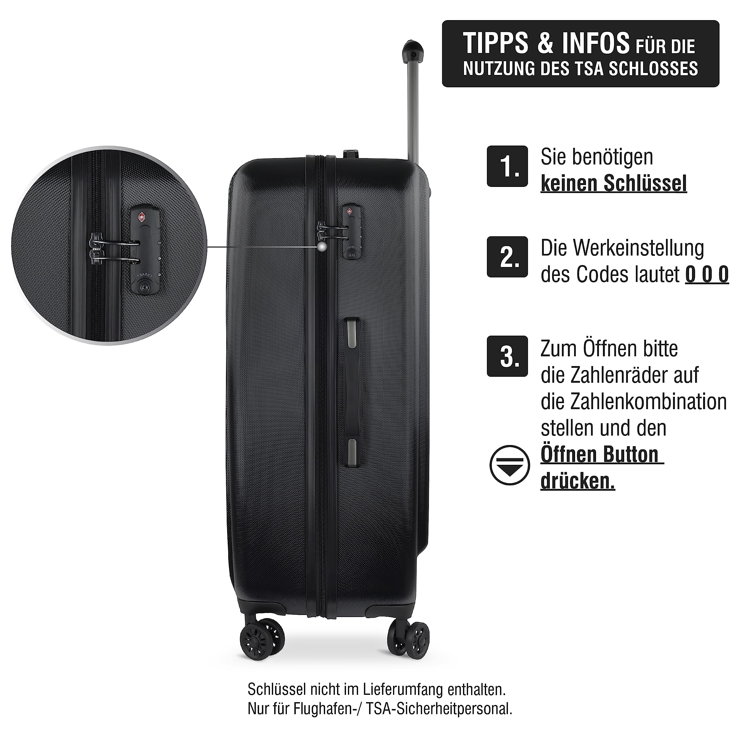 bugatti Lima twarda walizka L – 77,5 x 52 x 31,5 cm – 91,7 l – 4 kółka z zamkiem TSA – Czarna