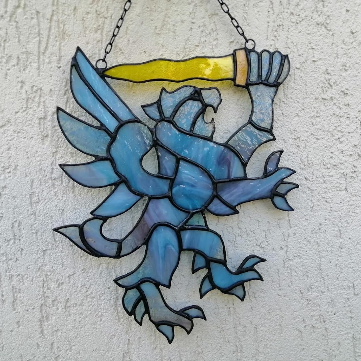 Winged Lion with Sword Stained Glass Suncatcher Window Hanging Leo Wall Decor, Unique Handmade Gargoyle Art Decoration Home Office Dorm, Decorative Handcrafted Harpy Wings Mythical Creature Panel