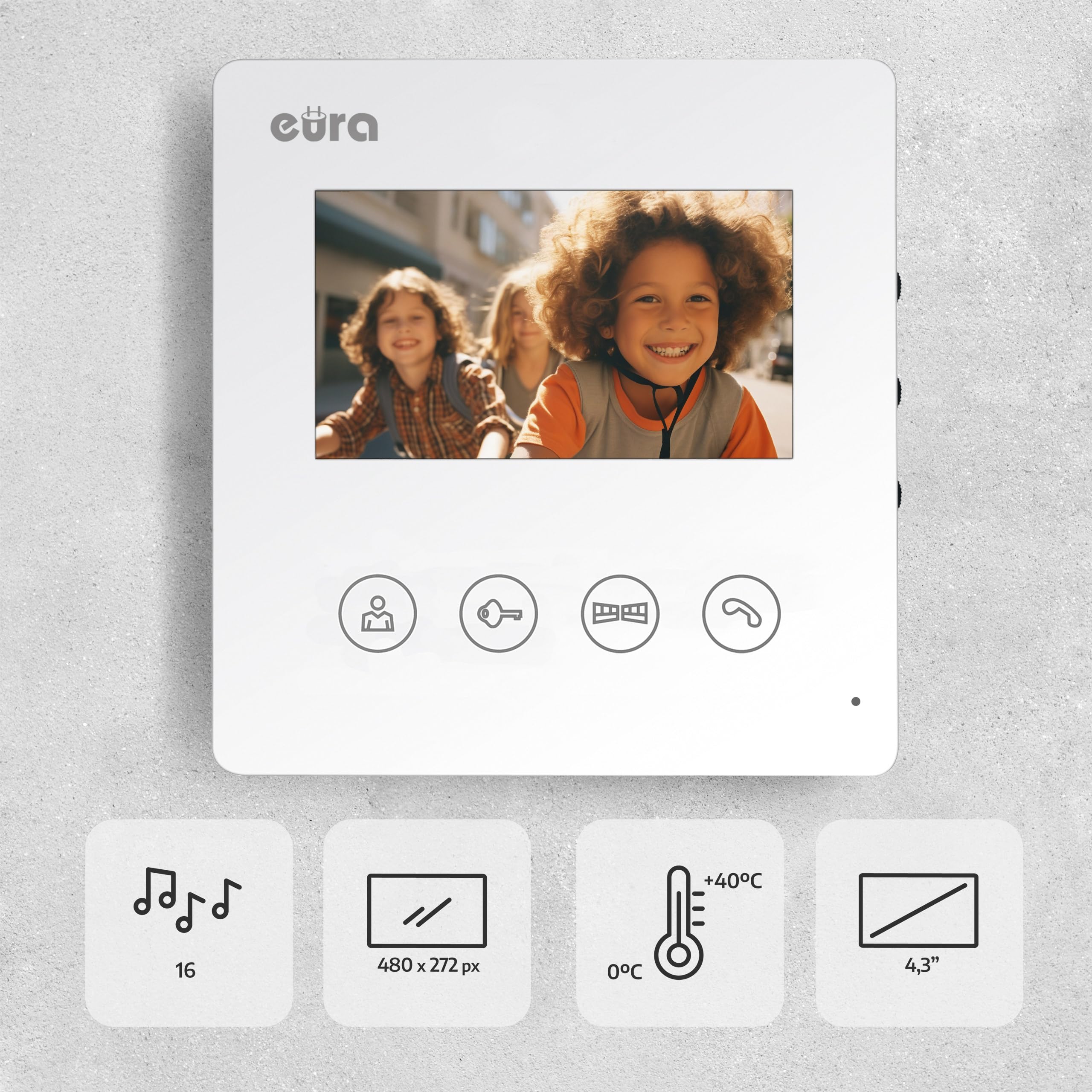 EURA Interphone vidéo VDP-52A3 ATIRA 4 fils, moniteur couleur 4,3 pouces, 2 entrées, 1 moniteur, blanc