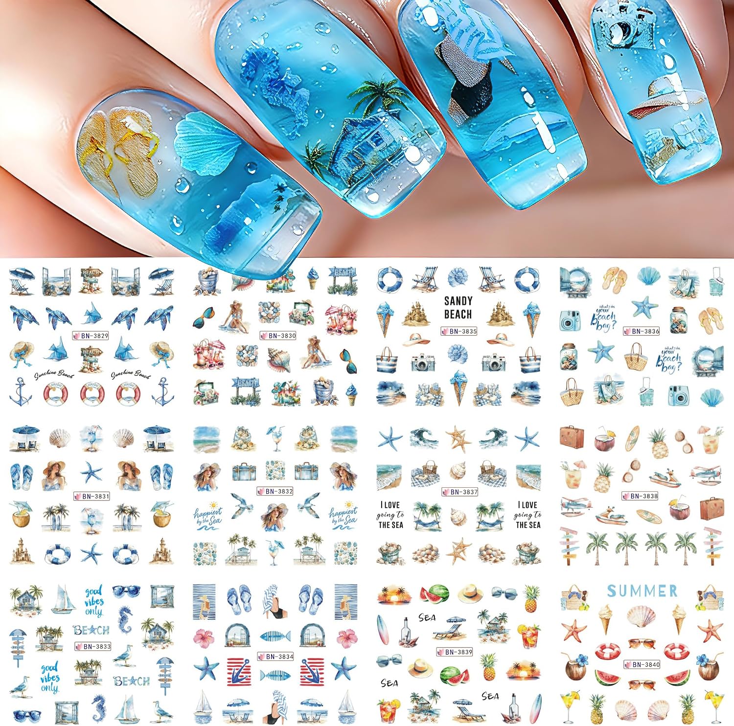 Summer Beach Nail Art Stickers-12 Sheets Water Transfer Nail Decals with Starfish Seashell Sea Turtle Coconut Tree, Hawaiian Vacation Nail Stickers Wraps for Women DIY Manicure Decoration