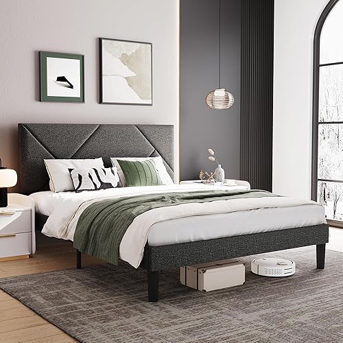 Full Size Bed Frame with Adjustable Headboard, Linen Upholstery, Solid Wooden Slats, Noise-Free, 45 Minutes Fast Assembly, Grey