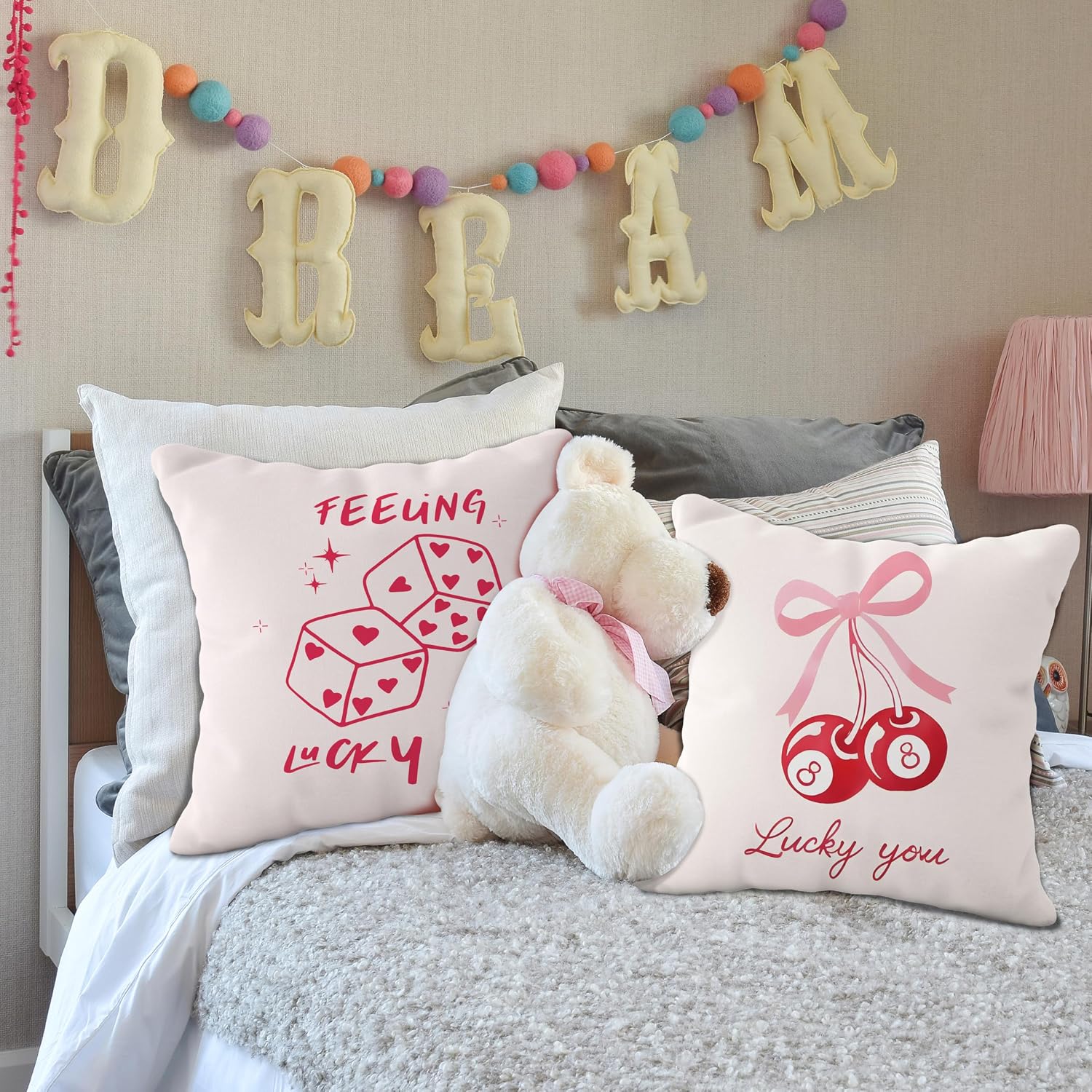 Funky Coquette Pink Bow 8 Ball Cherry Pillow Covers 18x18, Coquette Room Decor, Trendy Preppy Lucky You Dice Pillow Covers, Girly Bedroom Decor, Preppy Room Decor, Bow Room Decor, Set of 2 image 4