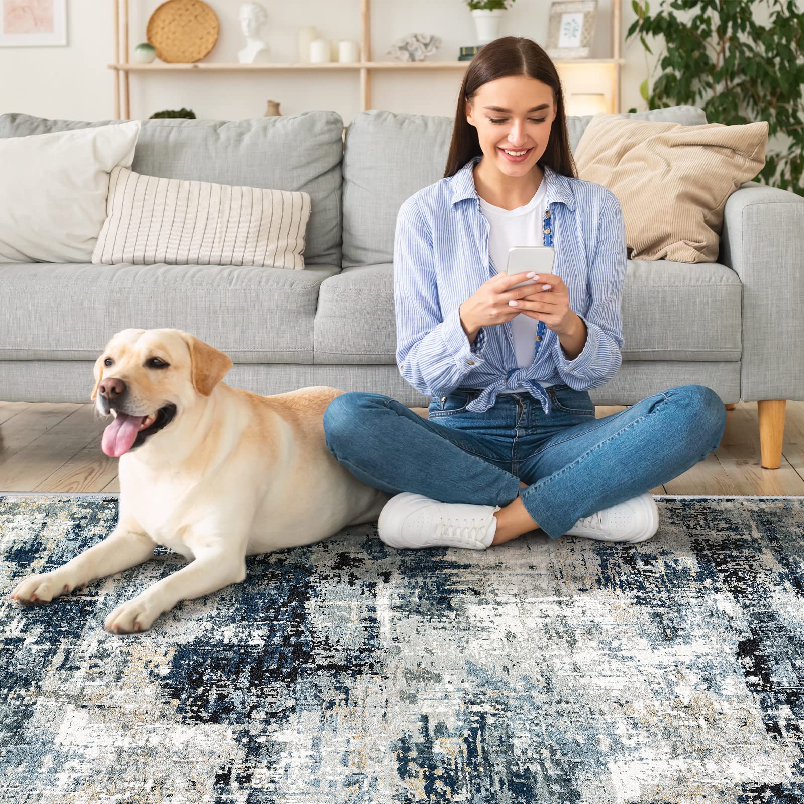 Vamcheer Tappeto Salotto Pelo Corto - Astratto Design Moderni Tappeti Soggiorno,Tappeto Camera da Letto lavabile,Decoration salon y casa, Tappeti Grandi Antiscivolo Morbido,Blu astratto 120x170 cm