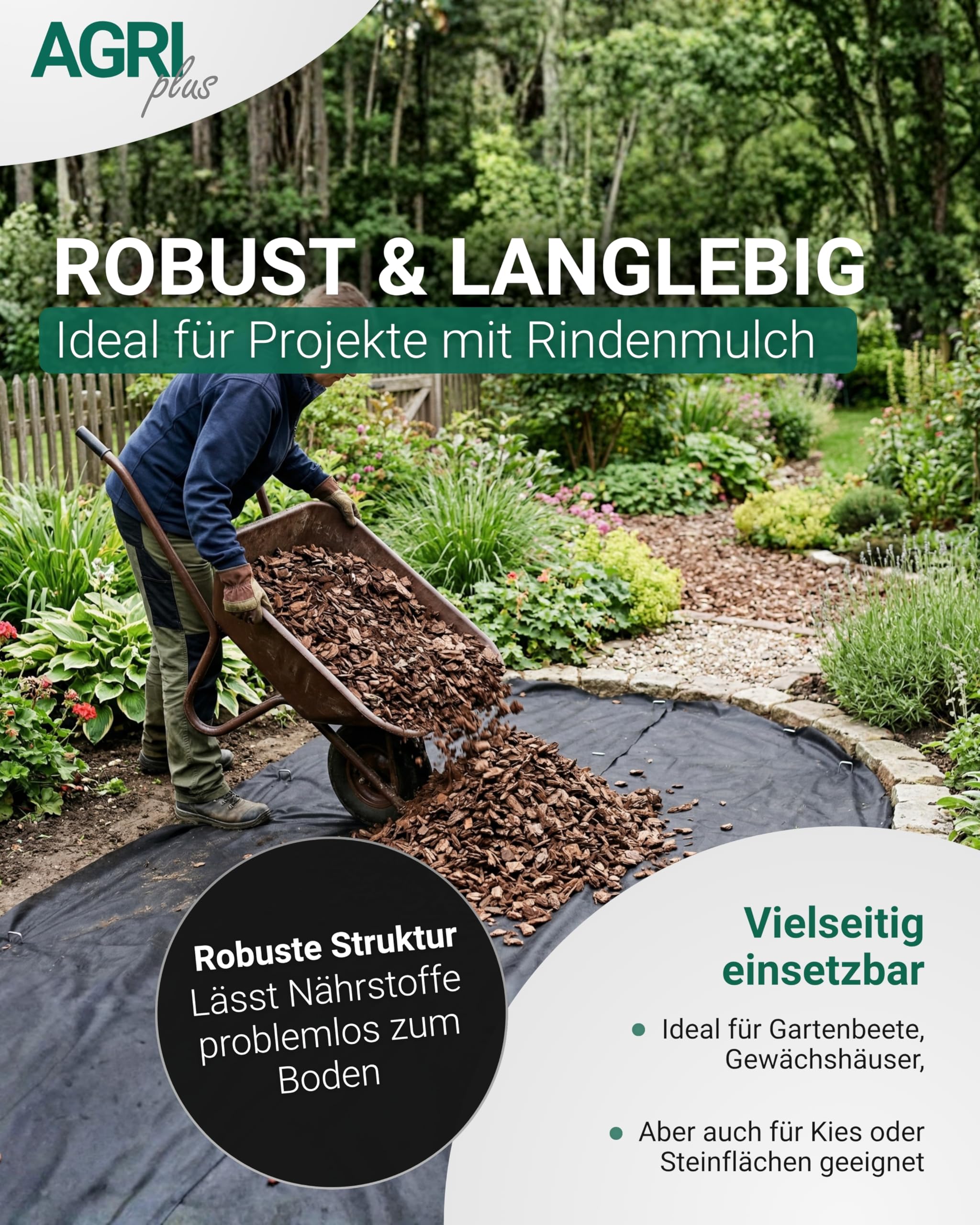 AGRIplus Unkrautvlies 100 g/m² I 1,2 x 25 m I Verschiedene Maße I UV-beständig & reißfest I Effektive Unkrautkontrolle, wasserdurchlässig & wärmespeichernd I Gartenfolie für Beete, Wege & Mulchflächen