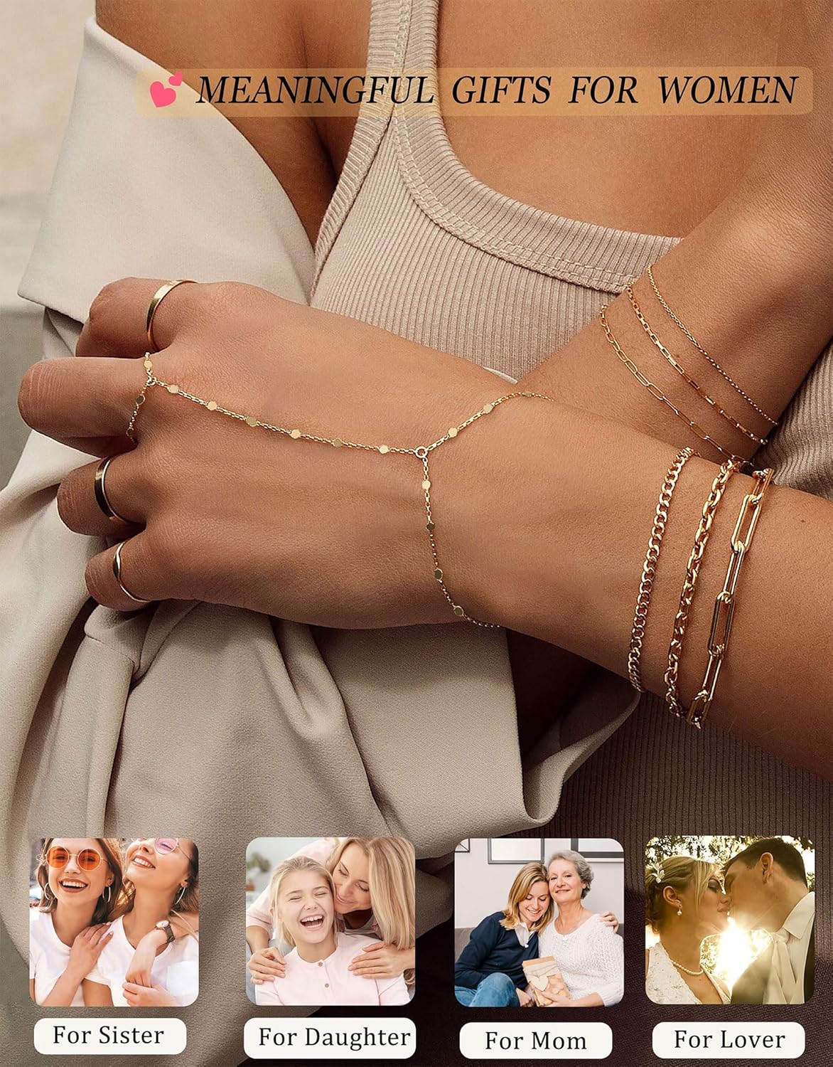 Hand Chain Gold Silver Bracelets for Women 14K Gold plated Hand Chain Bracelet Non Tarnish Satellite Bead Dot CZ Pearl Link Ring Bracelet Trendy Hand Jewelry Gifts for Women Adjustable - Image 7