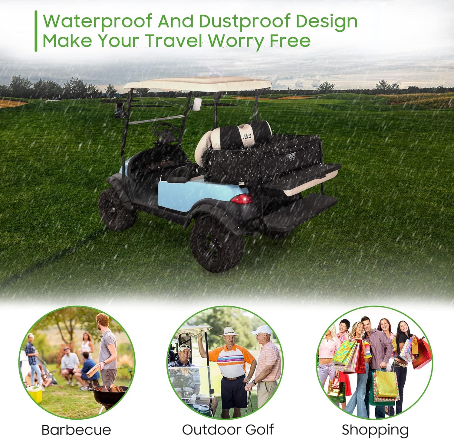 10L0L 4-Passenger Golf Cart Storage Bag, 800D PVC Dustproof Rear Bench Bag for Yamaha, EZGO, Club Car, No Drilling Required, Grocery Organizer with Secure Buckles