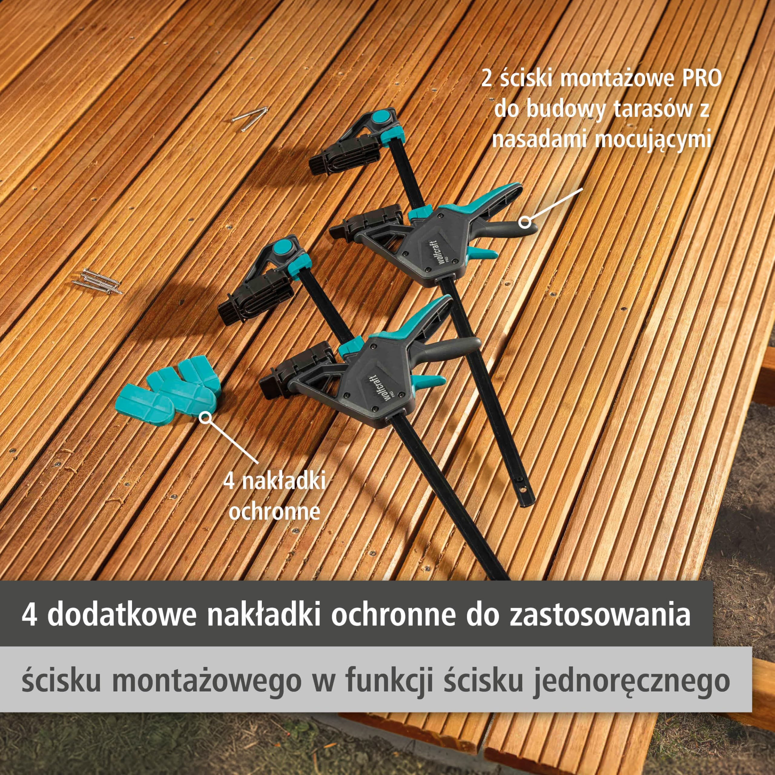 wolfcraft 2 zaciski montażowe PRO – do dokładnego ustawiania i mocowania desek tarasowych przed i podczas wkręcania – 8679060