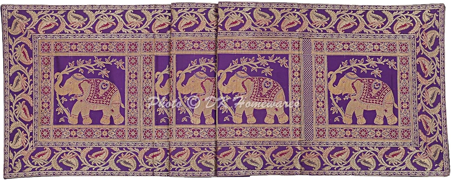 Indian Ethnic Centerpiece Birthday Parties Coffee Table Decor Purple Gold Brocade Satin 150 X 40 Cm Jacquard Elephant Floral 5 Foot Table Runner (60 X 16 Inches)