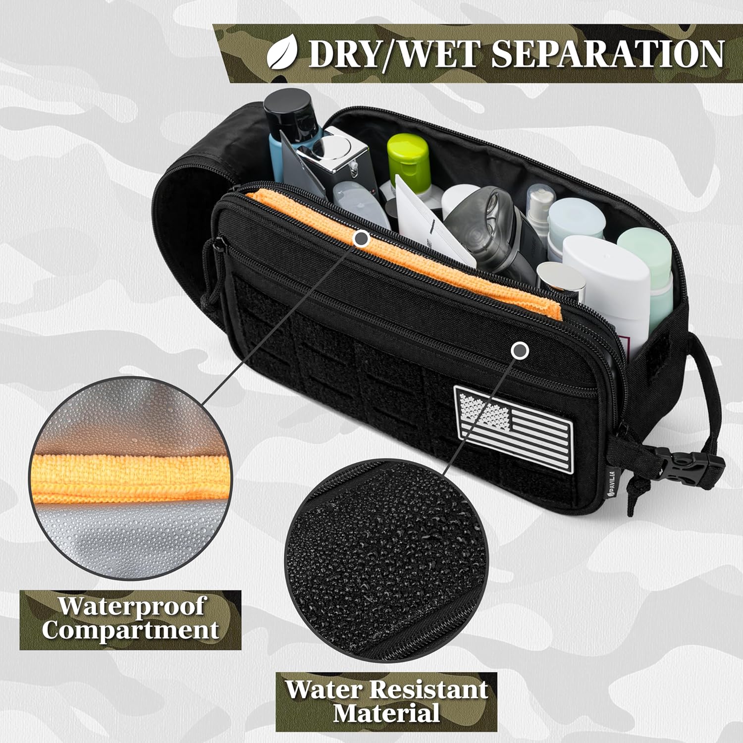 PAVILIA Tactical Toiletry Bag for Men, Travel Hygiene Bag, Military Gear Dopp Kit, Water Resist Molle Accessories Pouch, Mens Shaving Essentials, Gym Bathroom Shower Small Toiletries Tool EDC, Black - Image 2