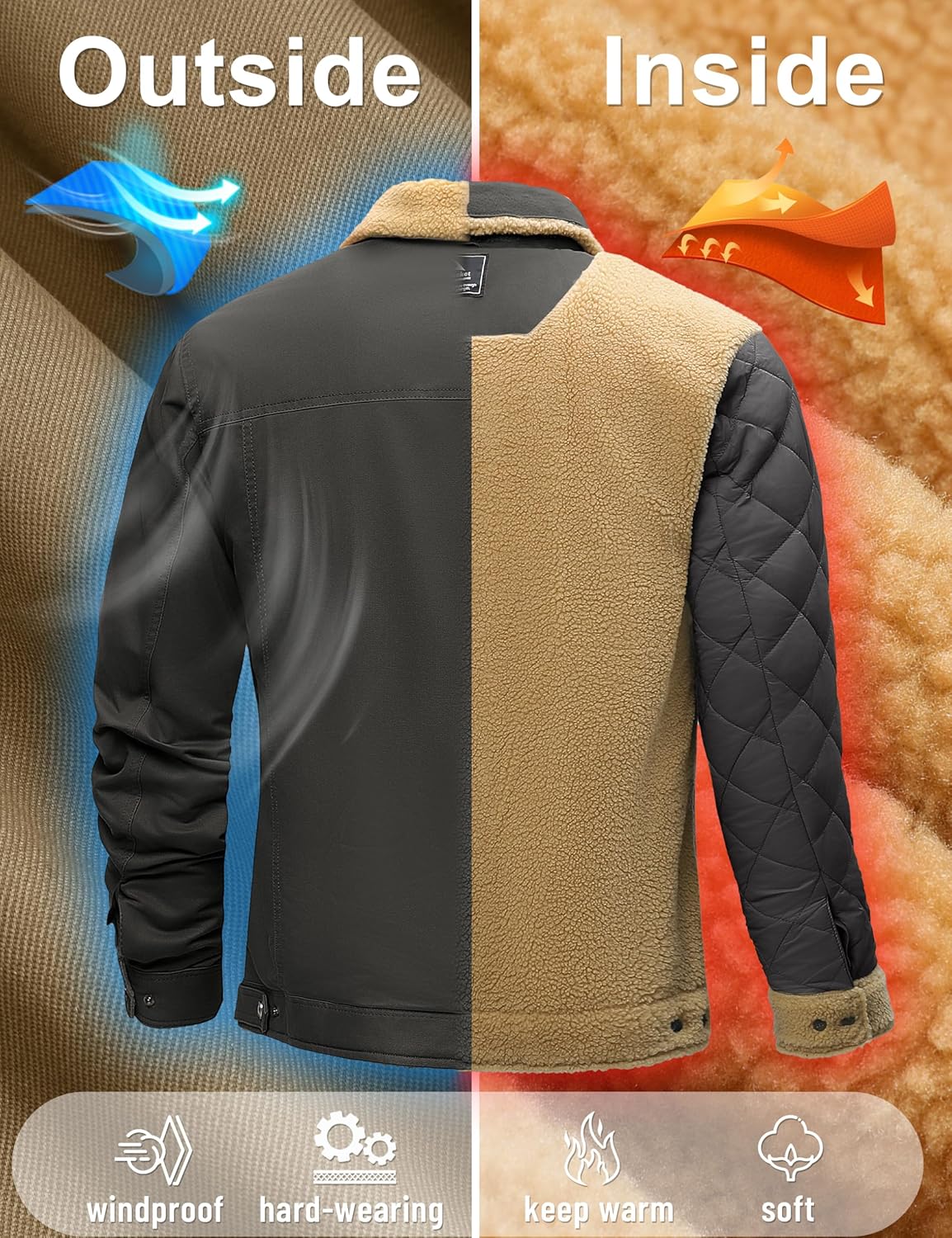 TACVASEN Mens Winter Jacket Thick Thermal Sherpa Jacket Warm Lapel Fleece Lined Coats Trucker Work Cargo Multi Pockets - Image 4